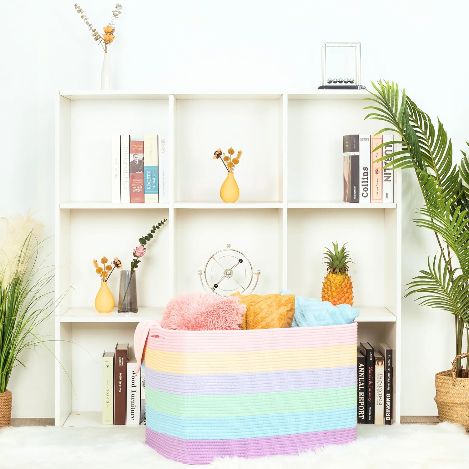 MINTWOOD Design 112L Extra Large Blanket Basket Holder Living Room, 25"x17"x16" Rectangle Rope Woven Storage Basket with Handles for Laundry, Towels, Shoes, Dog Toy Organizer Bin Box, Pastel Rainbow