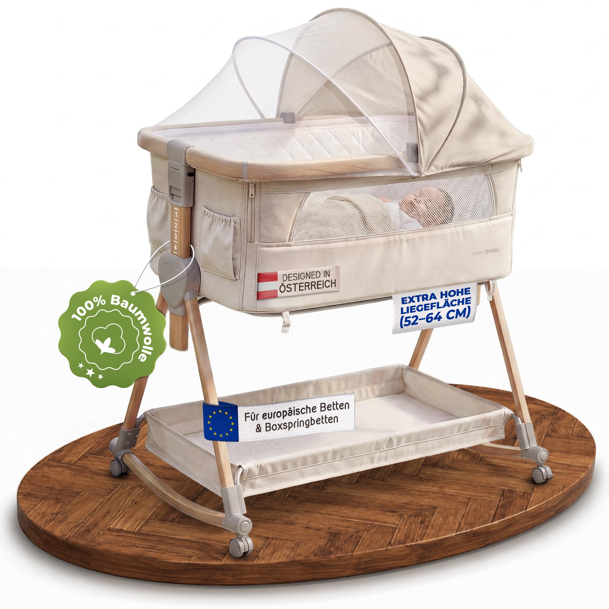 mimi kalu® Beistellbett Baby mit Rollen für Boxspringbett & europäische Standardbetten – 4-in-1 Baby Bett, Stubenwagen, Reisebett & Babywiege – höhenverstellbar