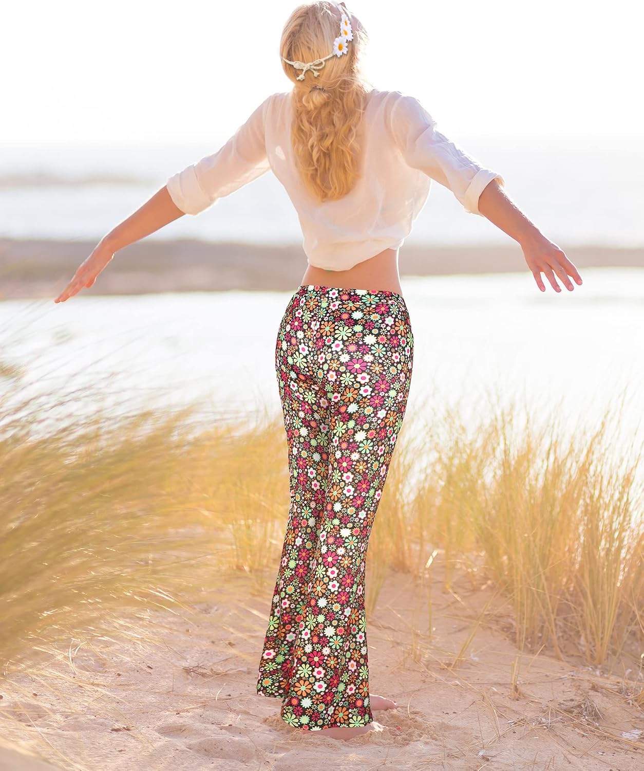 SATINIOR 6 Pcs 60s 70s Hippie Costume for Women Disco Outfits Flared Pants‌ Flower Crown Boho Accessories for Halloween