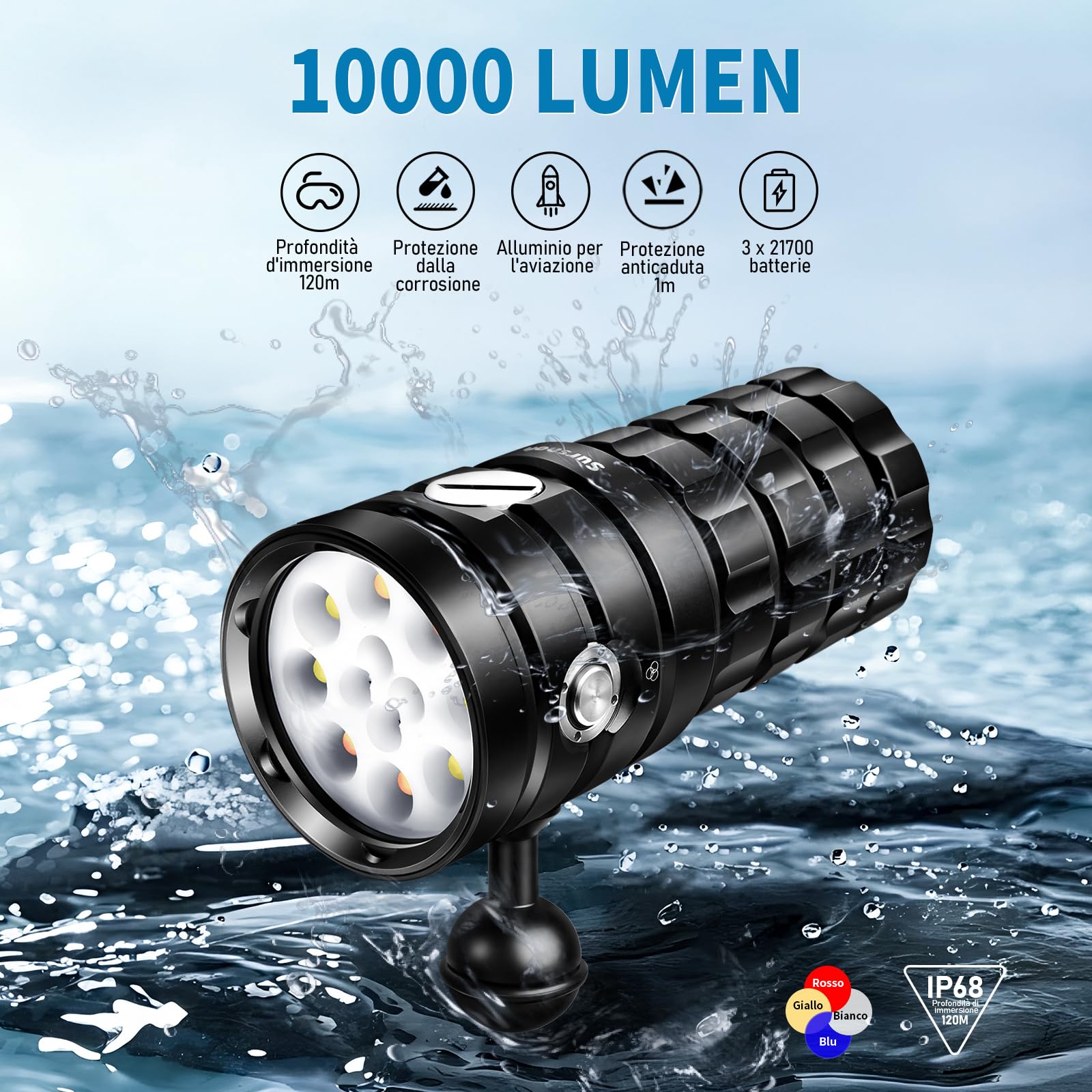 SR 10000 Lumens Torcia Subacquea Video - torcia subacquea professionale con 95 CRI, luce bianca 6500K, per immersioni/fotografia subacquea/videografia (impermeabile IP68, profondità 120m)