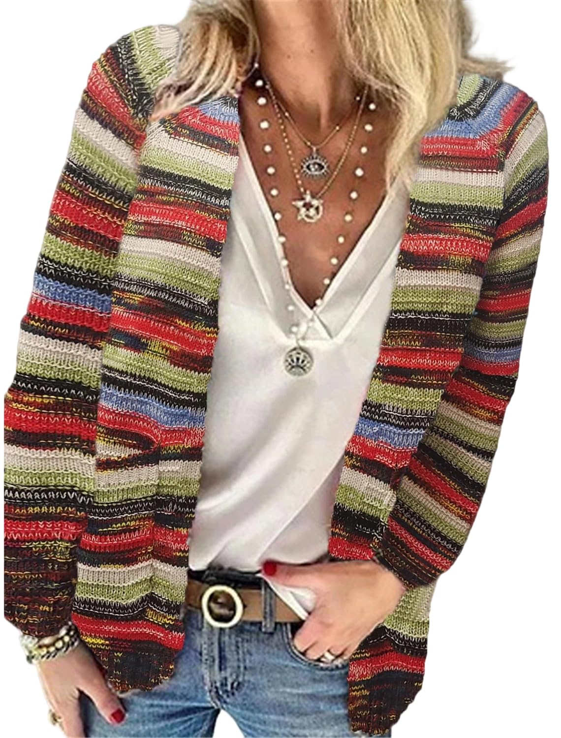 Women Oversized Striped Print Open Front Knit Sweater Cardigan Winter Casual Long Sleeve Outwear Coat with Pocket
