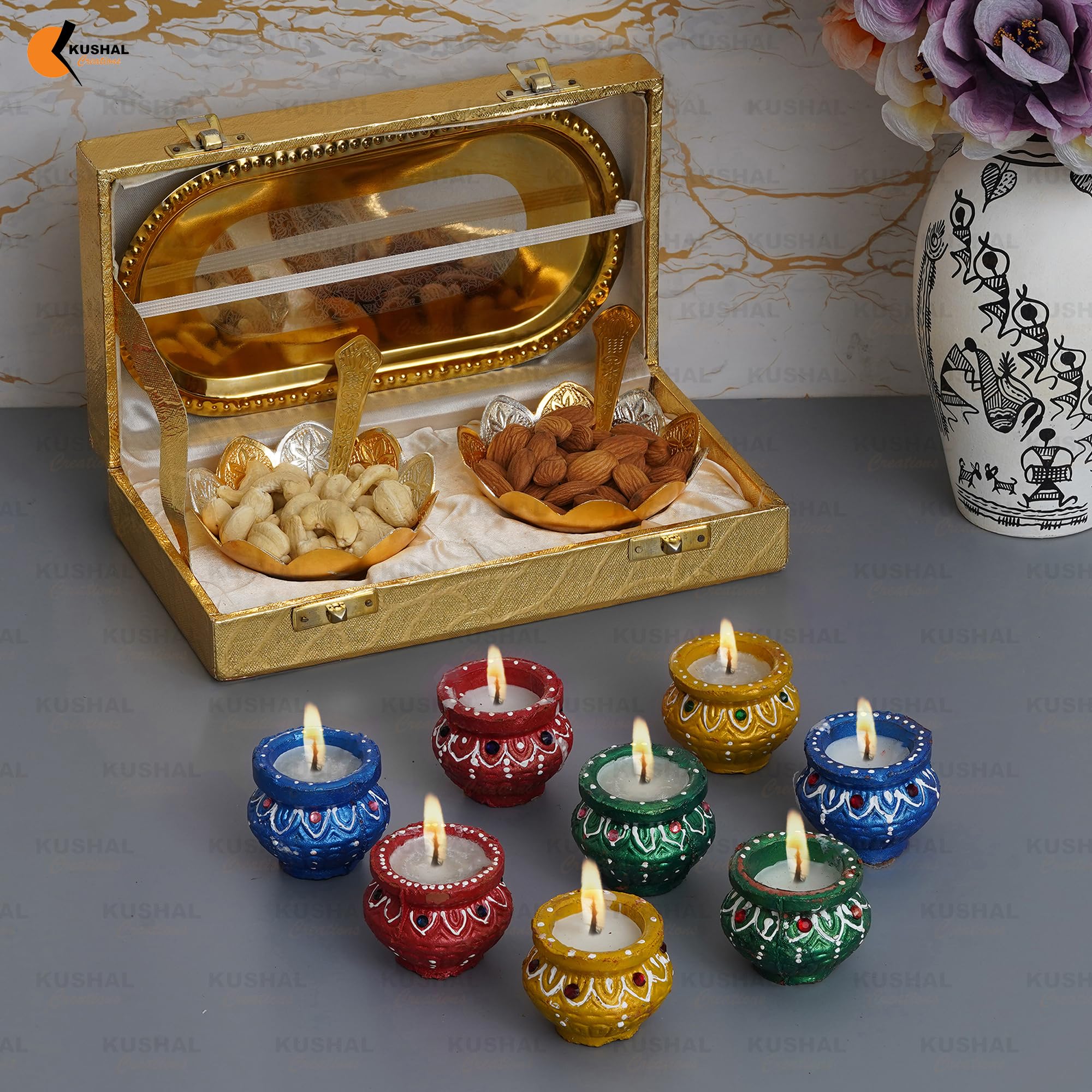 KUSHAL CREATIONS Silver Plated Festival Gift Silver Plated Brass Bowls Set of 5 Pcs. Kamal Golden Box Dinner Set with Matki Diya Set of 8 Pcs.