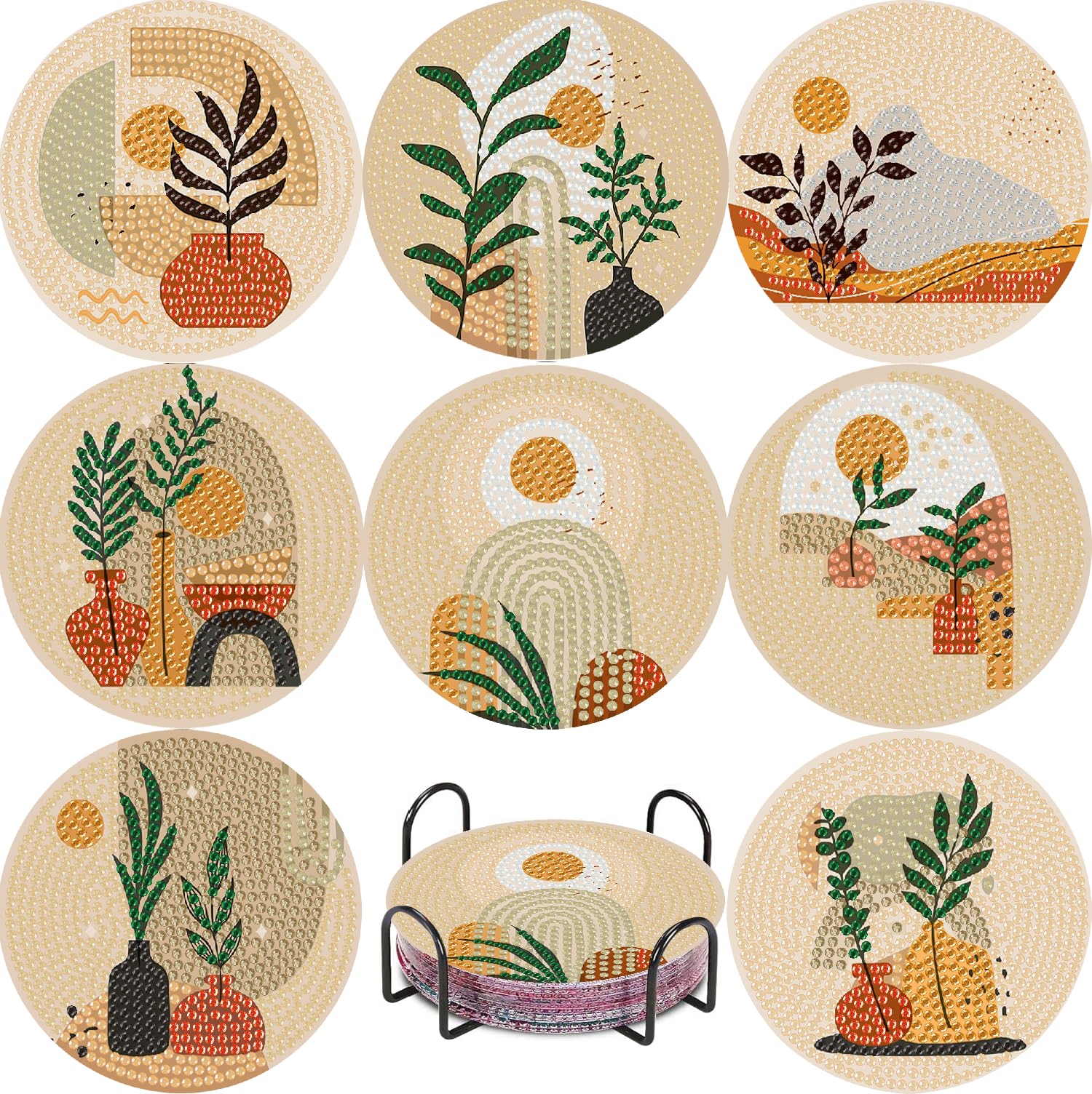 Jakener Coaster-Abstract Plants 8 Pcs Diamond Art Coasters Kits Adults With Holder, Abstract Plants Diamond Painting Coasters For Adults Kids, Fun 5D Diy Full Round Drill Diamond Dot Crystal Gem Art Craft Supplies