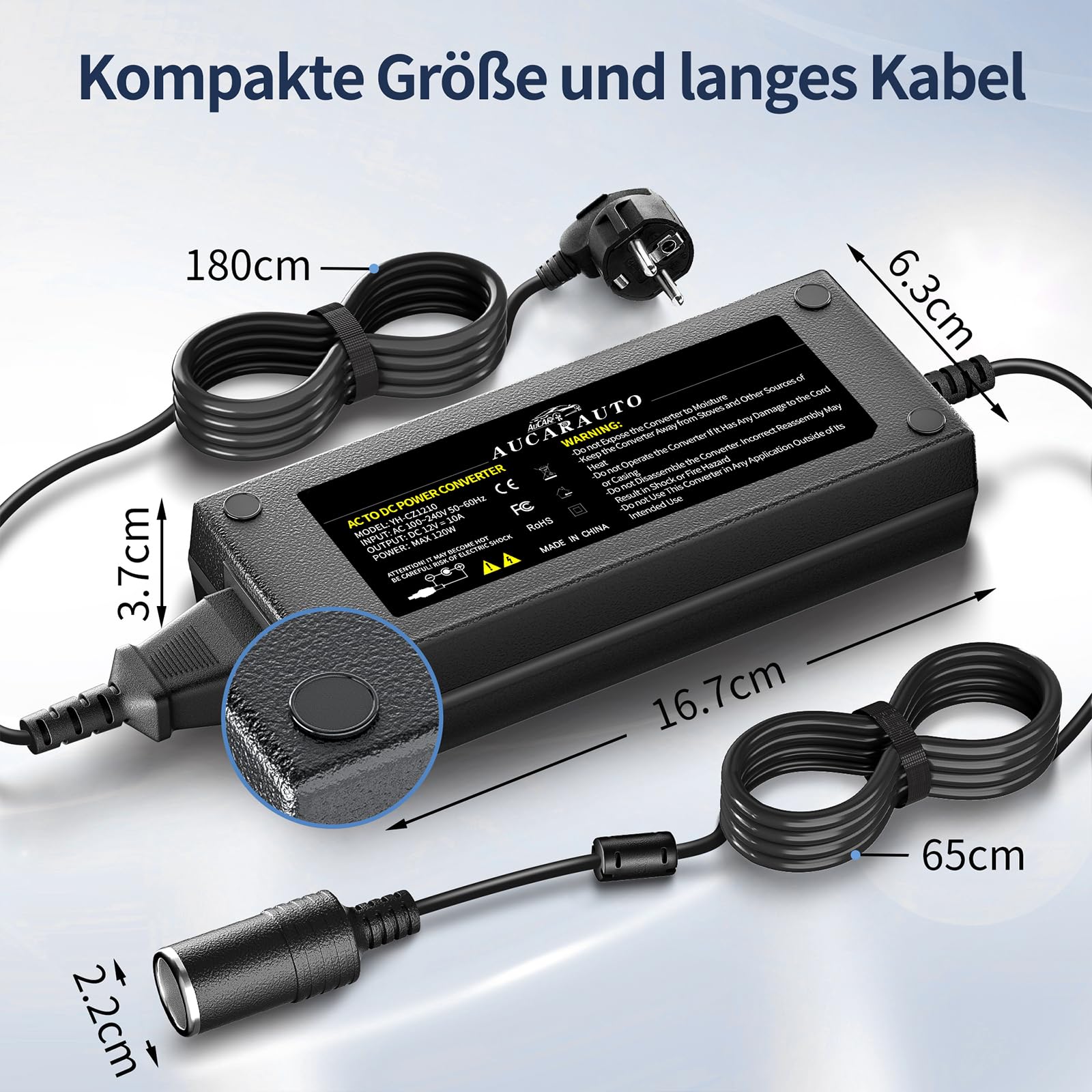 Spannungswandler 230V auf 12V, 120W/10A/2.65M KFZ Netzadapter mit Zigarettenzünder auf Steckdose, Adapter für Kühlbox Reifenfüller, Autostaubsauger und andere Autogeräte C10