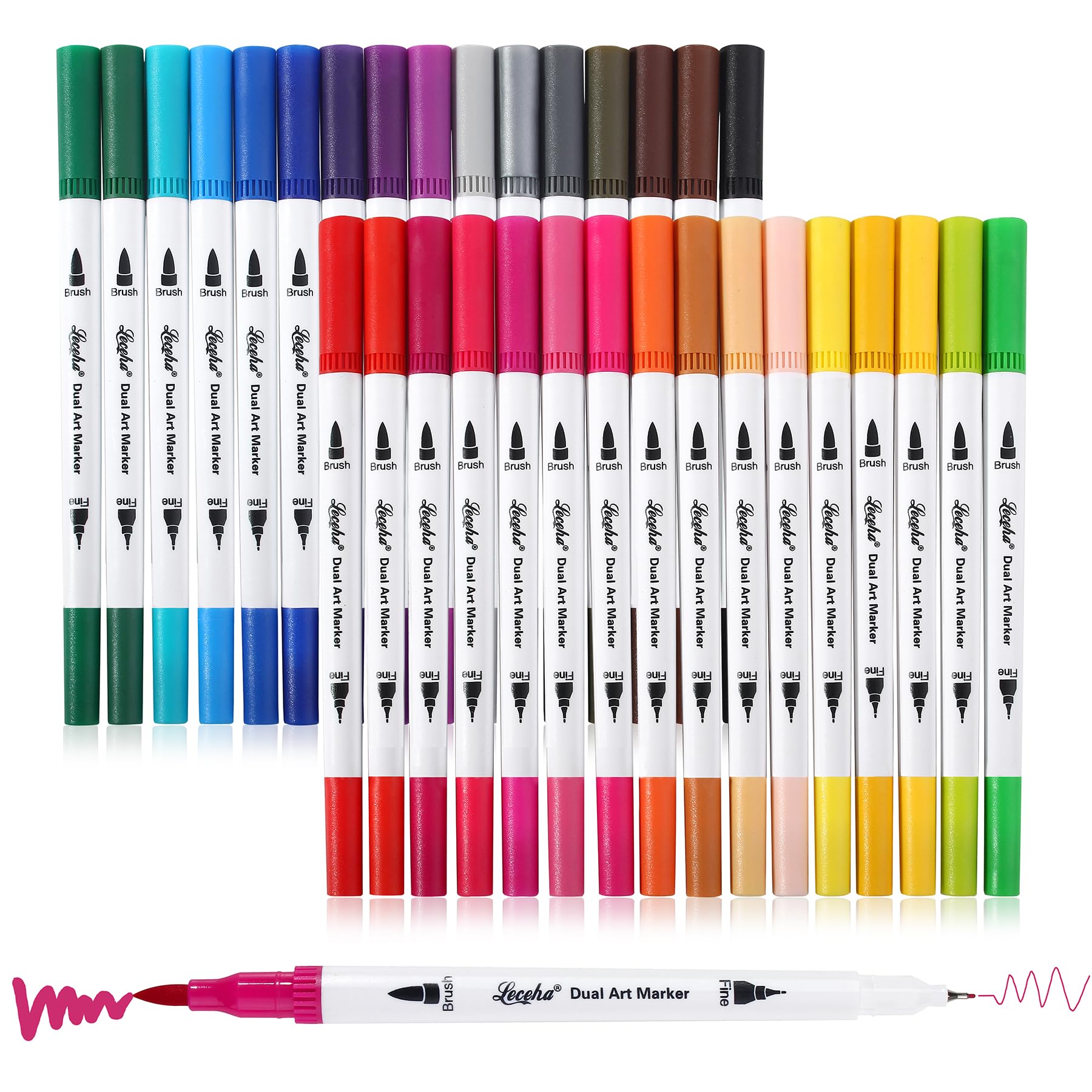 Leceha Dual Tip Art Markers Pens for Kids Adult Coloring Books Artist Fine and Brush Tip Colored Pens Water-color Pens for Journaling Note Taking Writing Planning Art Project