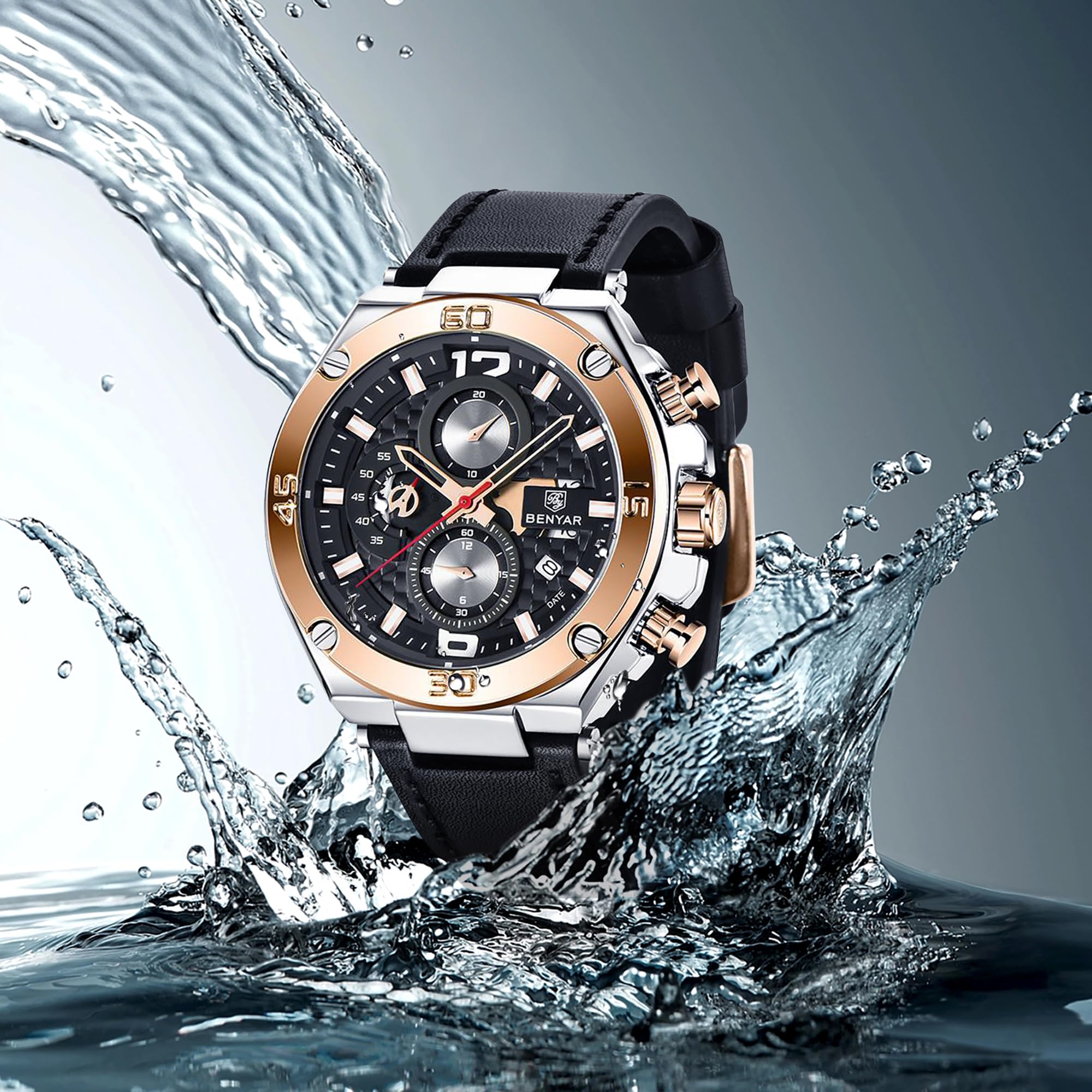 BENYAR BY Herrenuhr Uhren Herren Wasserdicht Herrenuhren Chronograph männer Armbanduhr für Herren Gold/Silber/Blau/Schwarz Eleganz Lederarmband/Edelstahl Quarz Geburtstags/Weihnachts