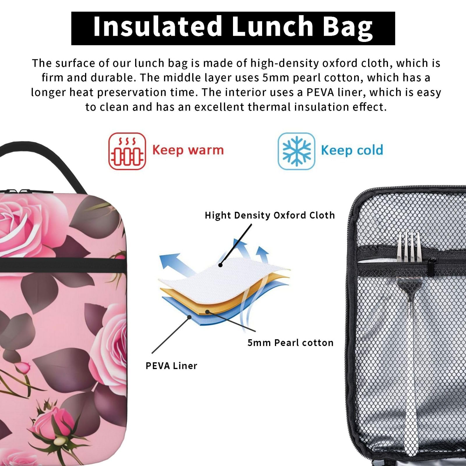 Borsa Pranzo Donna In Pelle Rosa, 9,4L Termica Impermeabile Con Tasca Frontale – Design Unico Con Lettere In Ciniglia - 6