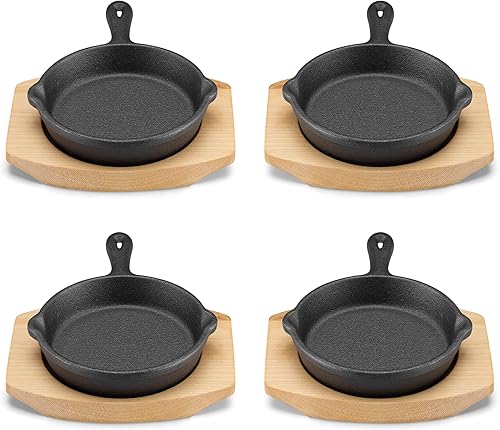 Miniatura 7 de Navaris Mini sartén de hierro fundido con base de madera (juego de 4) - Sartén de hierro fundido con base protectora de madera - Sartén de metal