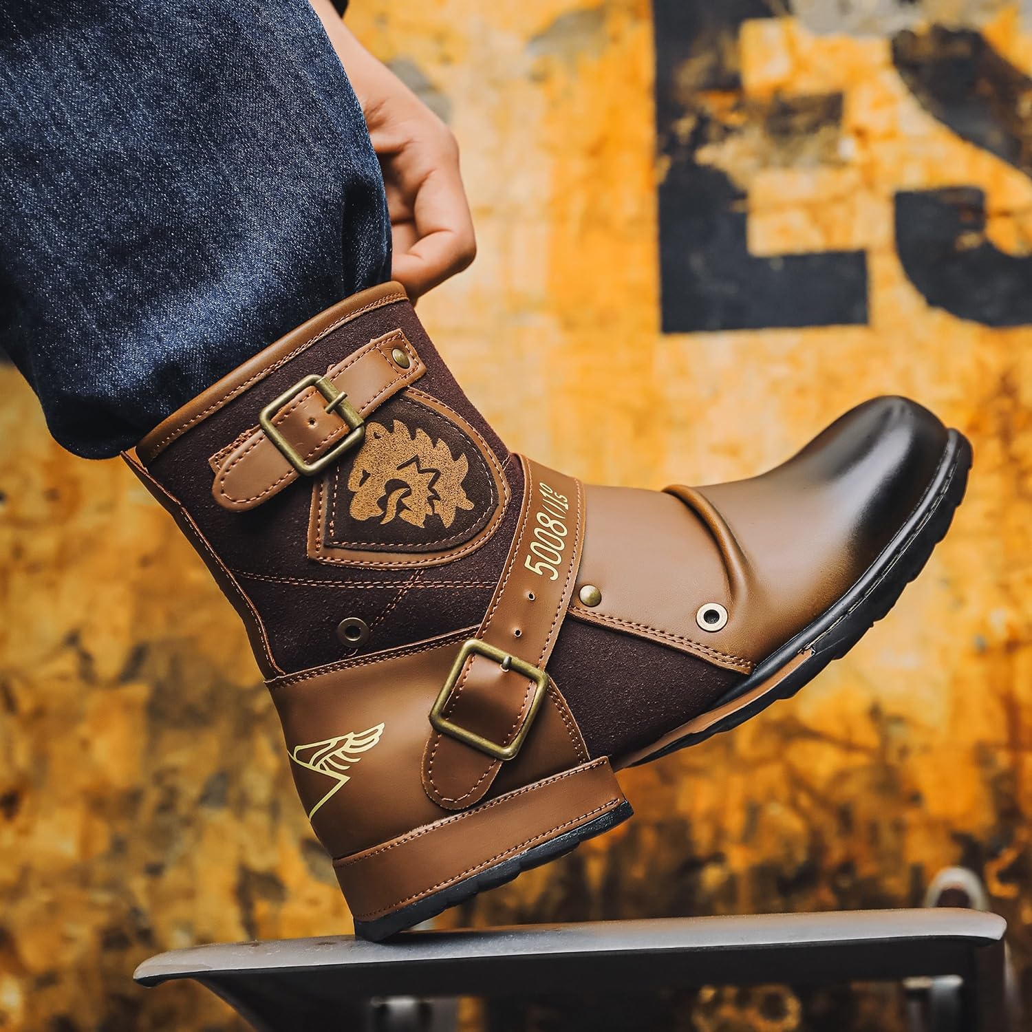RenDiuJups Motorradstiefel Herren Knöchelhohe Lederstiefel mit Reißverschluss, wasserdichte Biker Stiefel, Stylische & Robuste Motorradschuhe in Übergrößen, rutschfest(Coffee,45 EU)