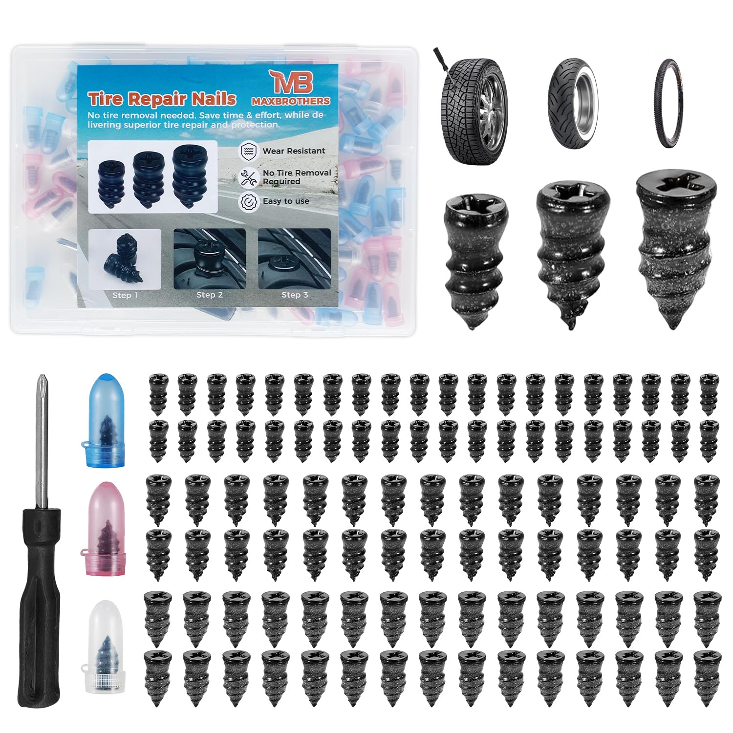 MAXBROTHERS 100 Pcs Tyre Repair Screws Kit, Vacuum Tyre Repair Nails for Car, Motorcycle, Bicycle, Emergency Puncture Repair Kit with Storage Box, Self-Service Rubber Nail Plugs (40S + 30M + 30L)