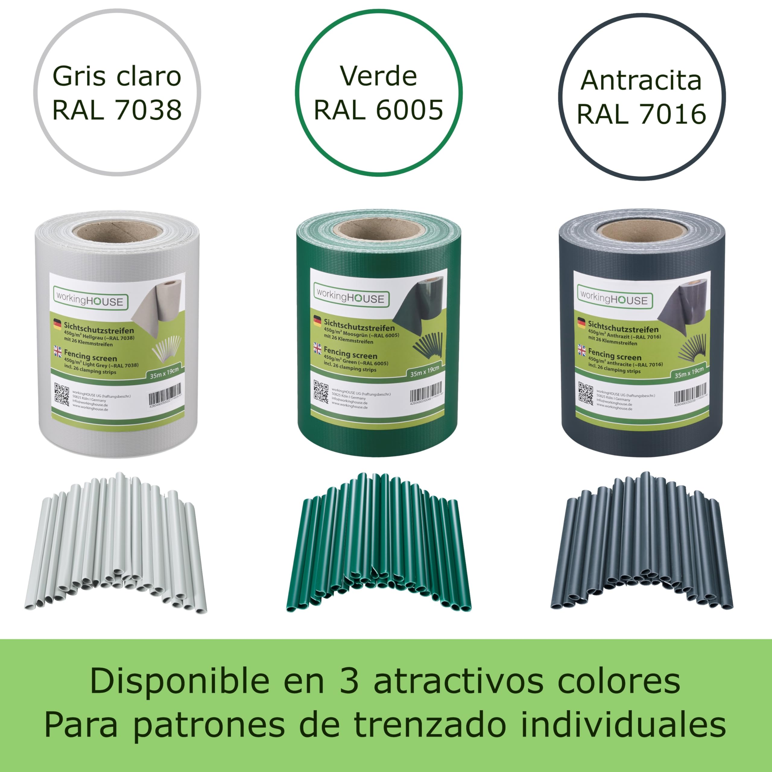 workingHOUSE Valla PVC Ocultación 35m x 19cm 450g/m², Gris, 26 Clips | Tiras ocultación valla doble barra, jardín y balcón