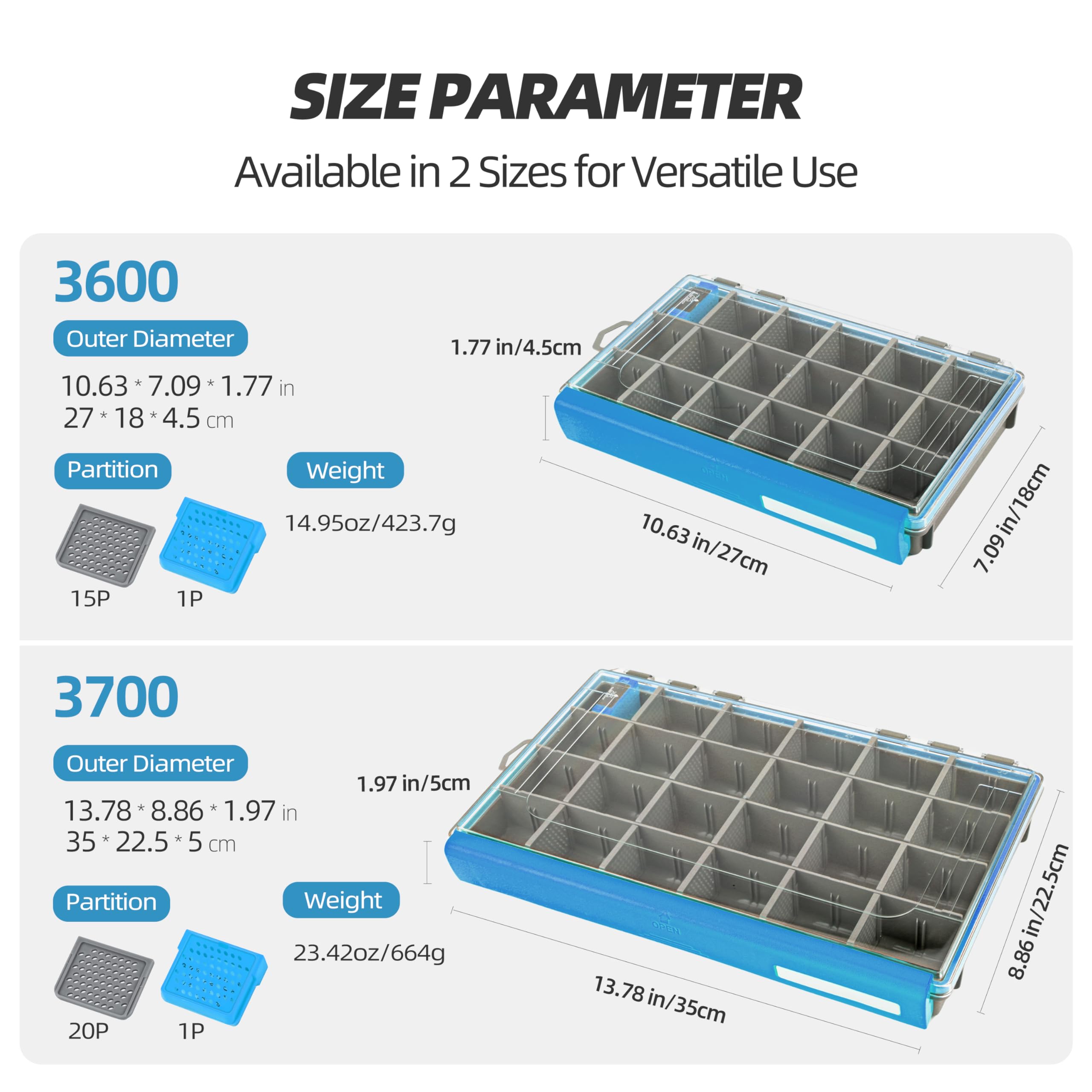 RUNCL Caja de aparejos de pesca impermeable, 1 unidad, azul, 3700