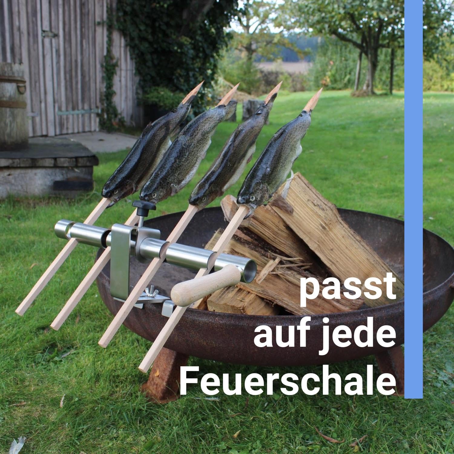 Premium Steckerlfisch Halter für Feuerschale - Platz für 4 Fische - Fisch Grill Aufsatz passt auf Jede Feuerschale - stufenlos verstellbar - Original Buchenholz Spieße - Asado Grill für Feuerschale