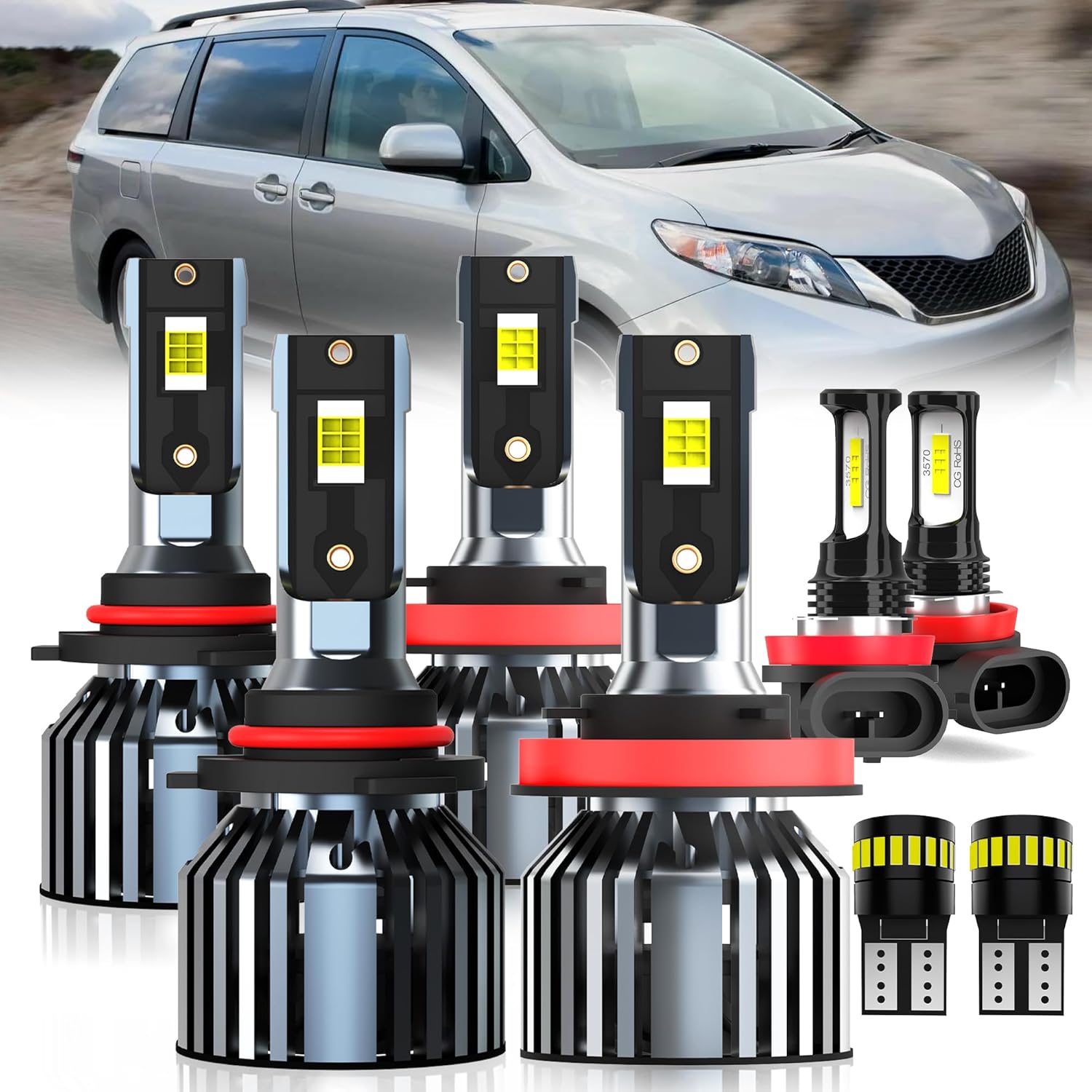 For 2011-2020 Toyota Sienna light Bulbs, 9005 High Beam H11 Low Beam H11 Fog Light License Plate Lights Combo, 8PCS