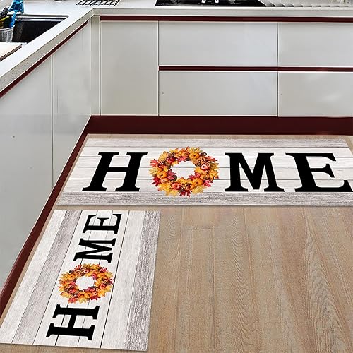 Miniatura 2 de Juego de 2 alfombras y tapetes de cocina de Acción de Gracias, hojas de flores, pájaros en rama, tapetes de cocina para piso, alfombras