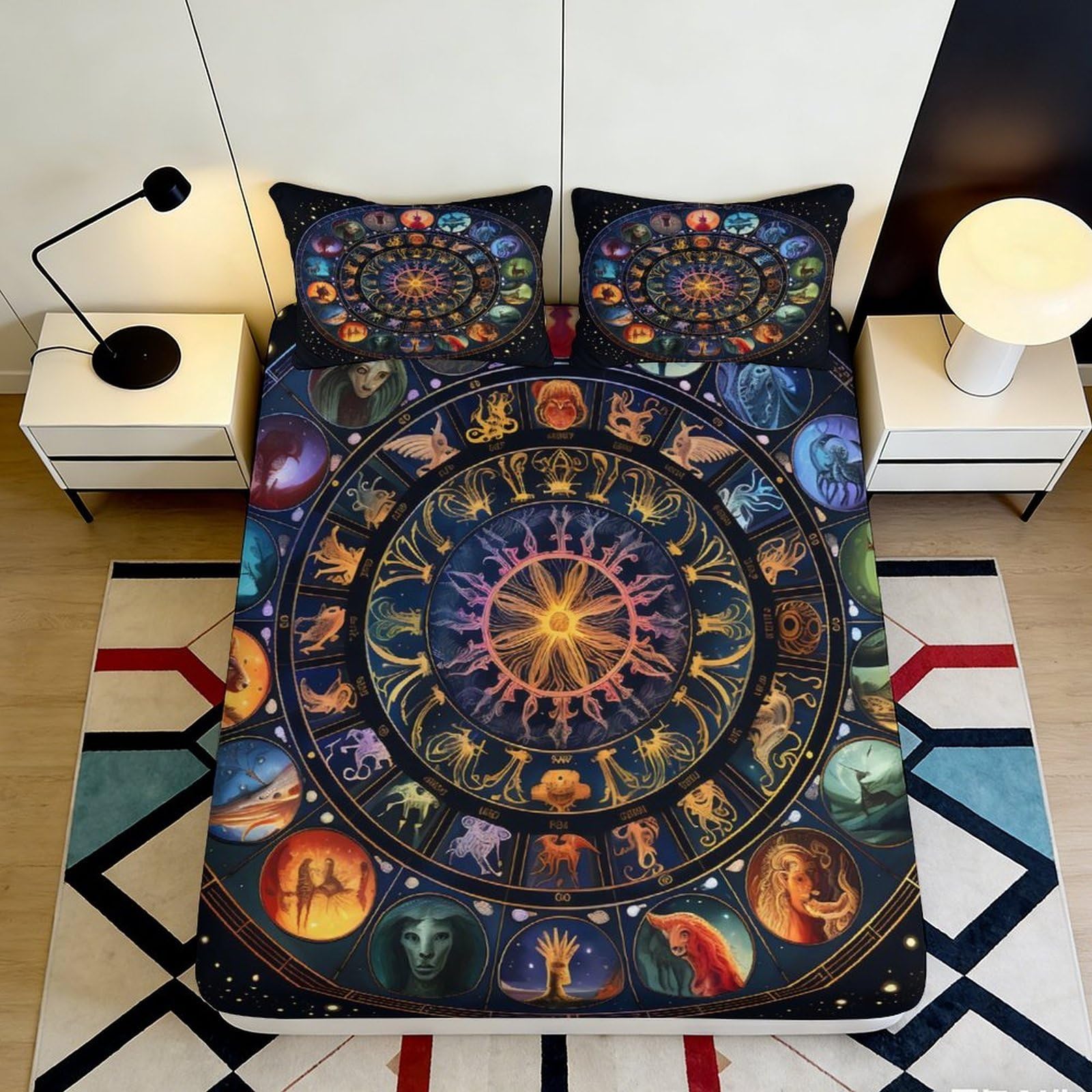 3D Printed Zodiac Fitted Sheet Microfiber Deep Pocket Bedroom Bedding Non-Slip Zodiac Mattress Fitted Cover for Adults Teens 200x200x25cm 90x200x25cm