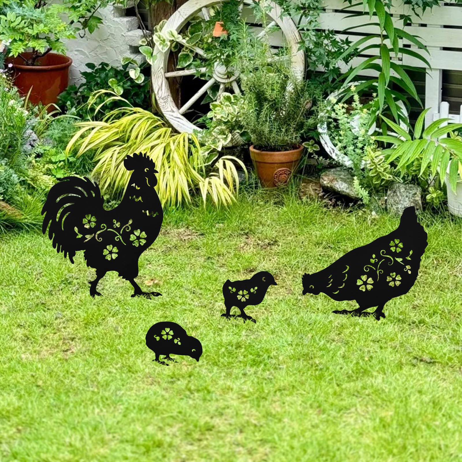 Lot de 4 décorations de jardin en métal, décoration de coq, cadeaux pour dames et messieurs, silhouette de coq noire, statues pour l'extérieur, jardin, cour, terrasse