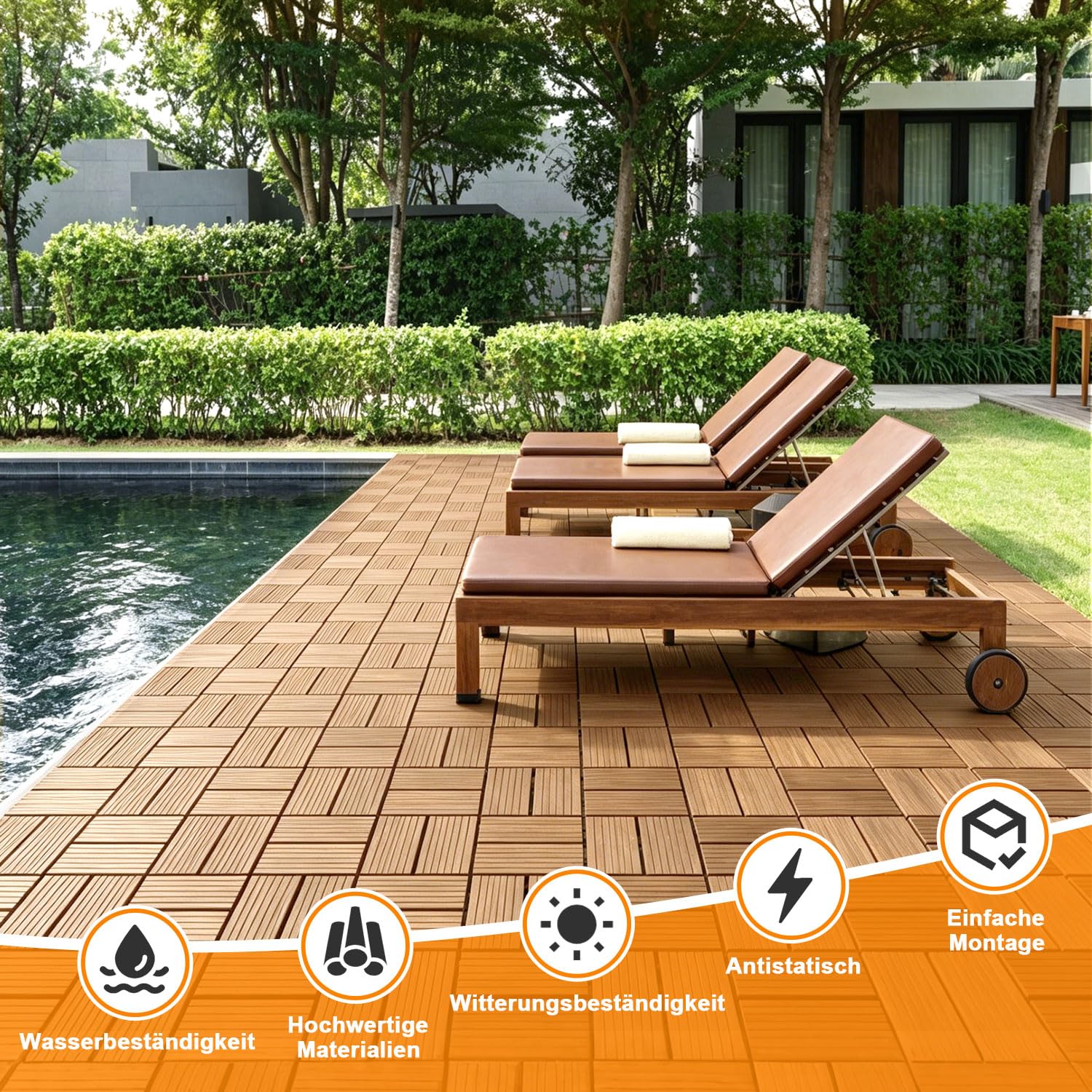 Piastrelle in WPC per terrazza, teak, 30 x 30 cm, 66 pezzi per 6 m² | Piastrelle a scatto effetto legno, facili da pulire per balconi, terrazze e giardini