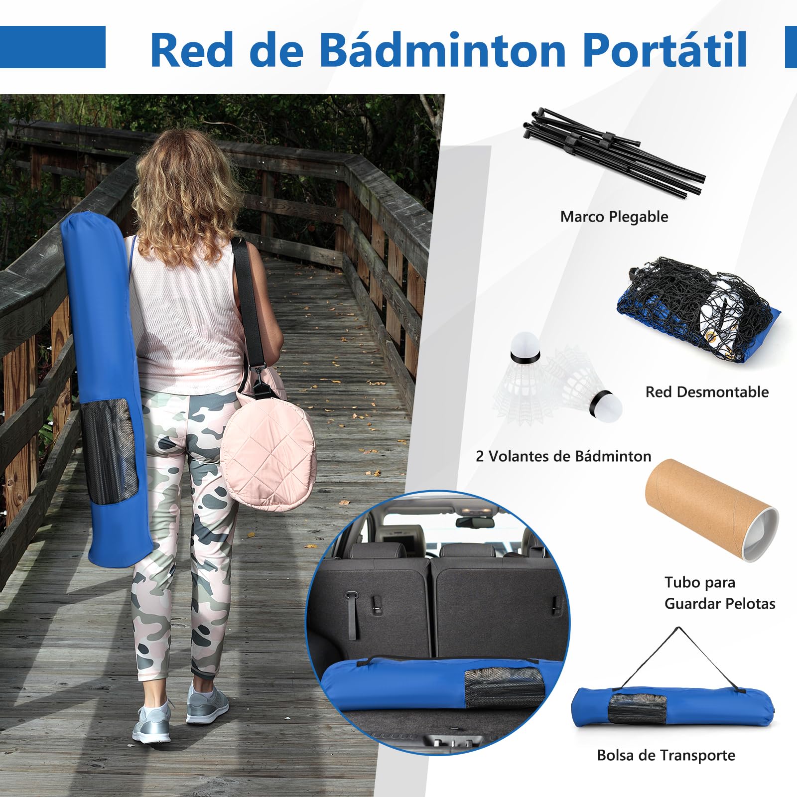 GOPLUS Red de bádminton con soporte, altura regulable 89-155 cm, bolsa de transporte y 2 volantes