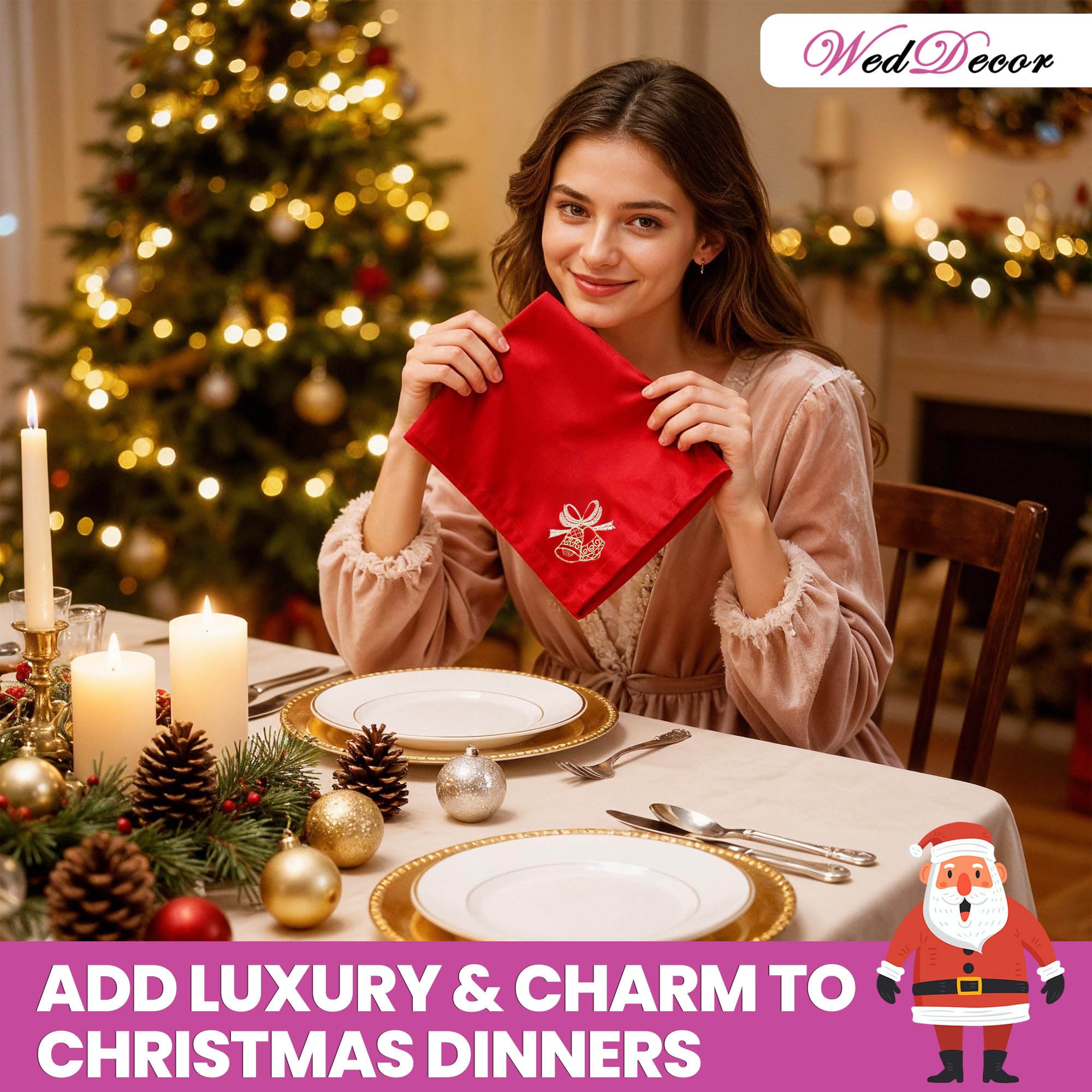 WedDecor 20 inch Filé Polyester Table Serviette avec Grelot Broderie pour Thème Noël Dîner Décorations pour Maison, Mariage,Banquet, Fête, Hôtel, Fête de Noël Décoration - Rouge, 20 inch