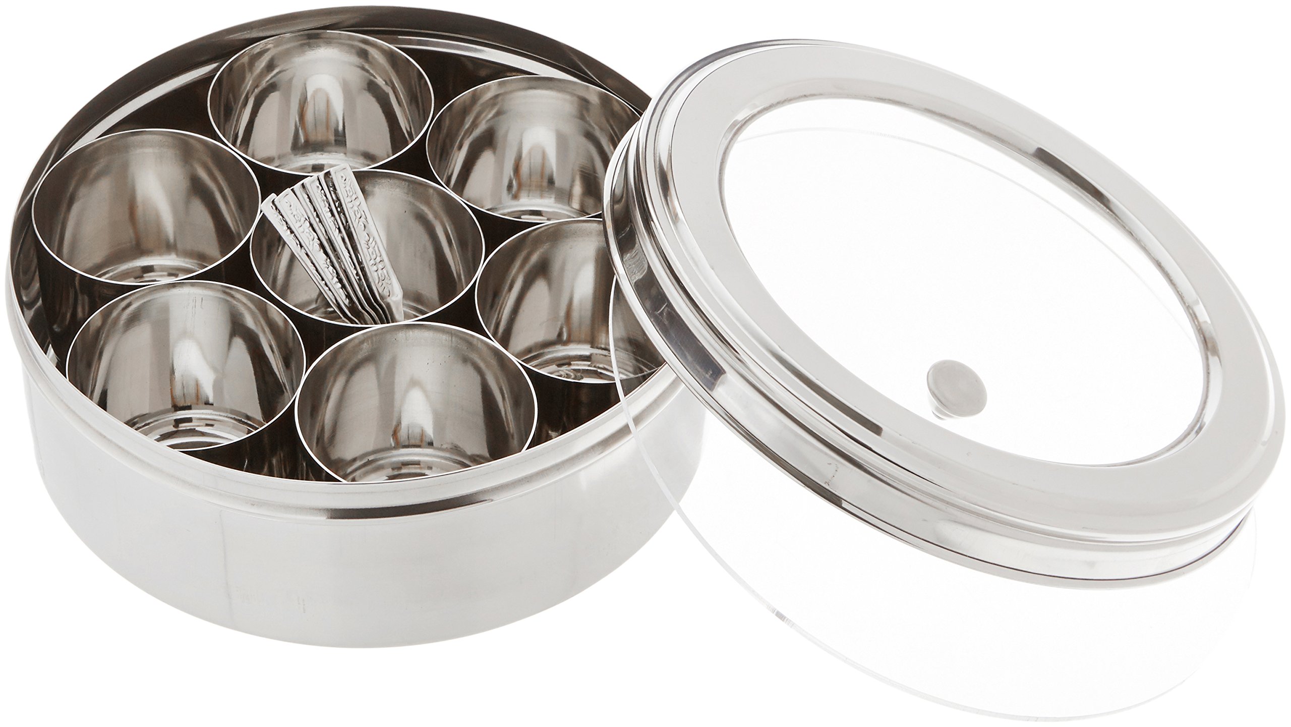 Tabakh Stainless Steel Masala Dabba/Spice Container Box with 7 Spoons - With Clear Screen & Clear Lid