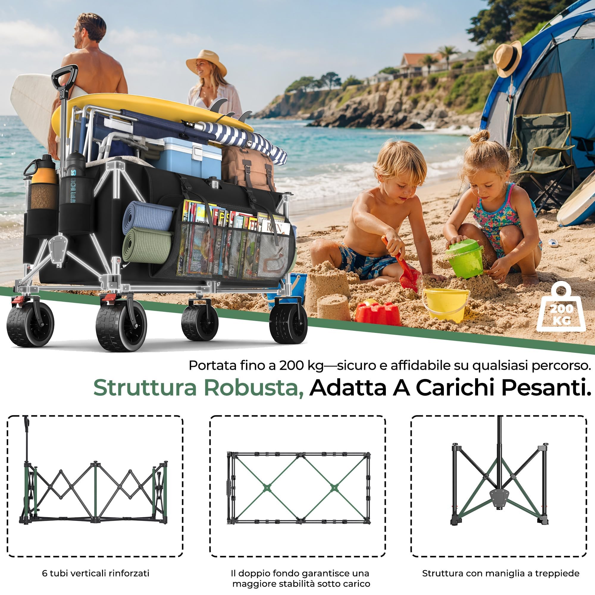 Carrello Spiaggia Pieghevole 260L, Carrello con Ruote Portatutto | Freno | Carrellino con Ruote Portatutto Max 200kg | Manico Regolabile | 25L Tasche Laterali | Esterni Giardino Campeggio(Nero)