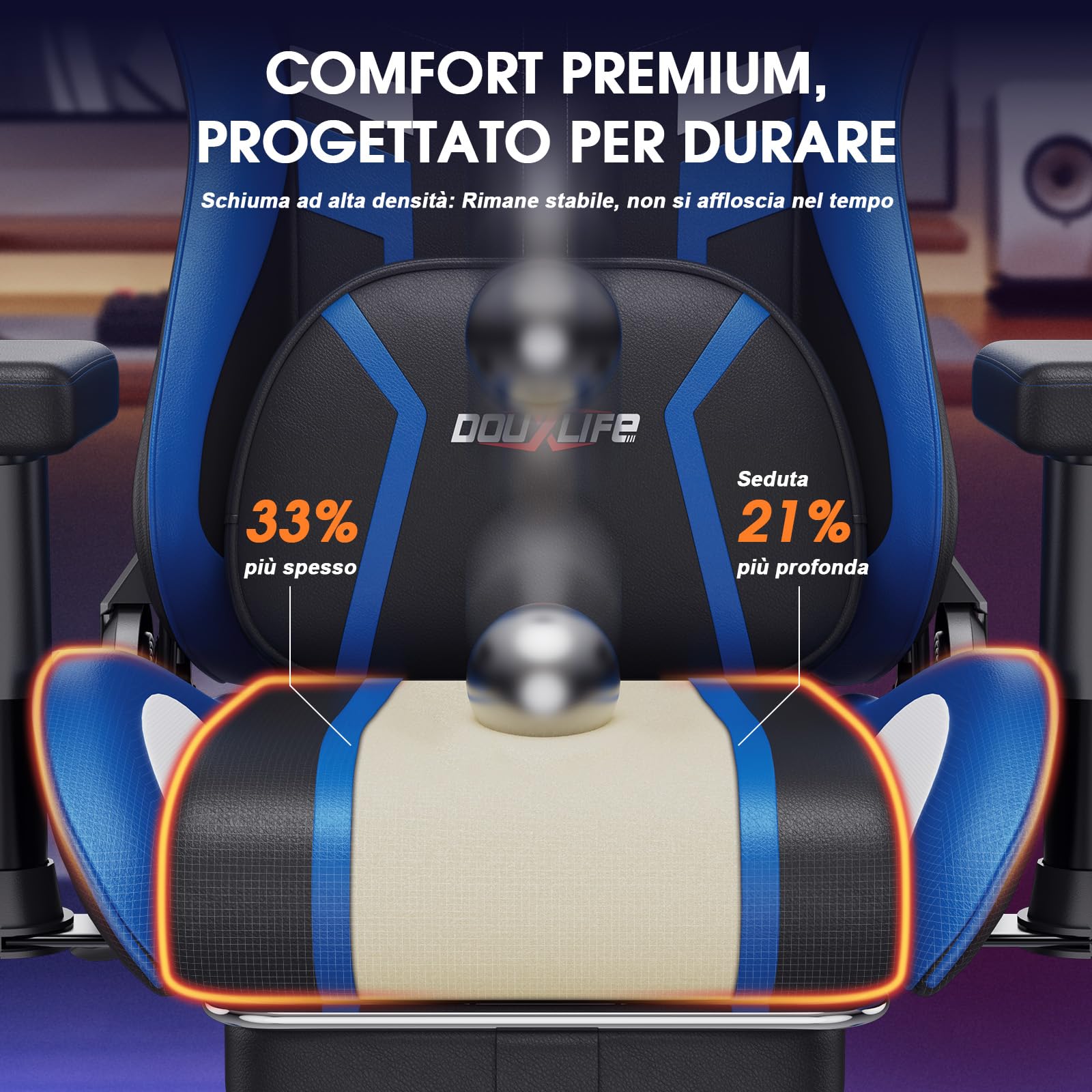 Douxlife Sedia da Gaming con Massaggio a Impasto, Ergonomica Sedia da Ufficio con Riscaldamento, Poggiapiedi, Reclinabile da 90° a 175°, Braccioli 2D più Spessi, Portata 180 kg, Blu