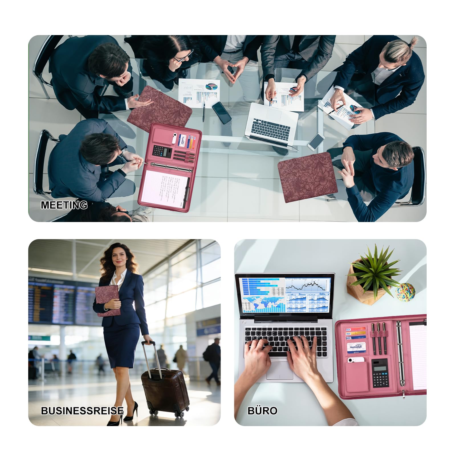 Leathario Schreibmappe A4 mit 5er Register DIN A4，Konferenzmappe mit 4 Ringbuch，Dokumentenmappe mit Reißverschluss，Griff，Klemmbrett,Ordner für Meeting, Business,Mappe für Schule, Uni