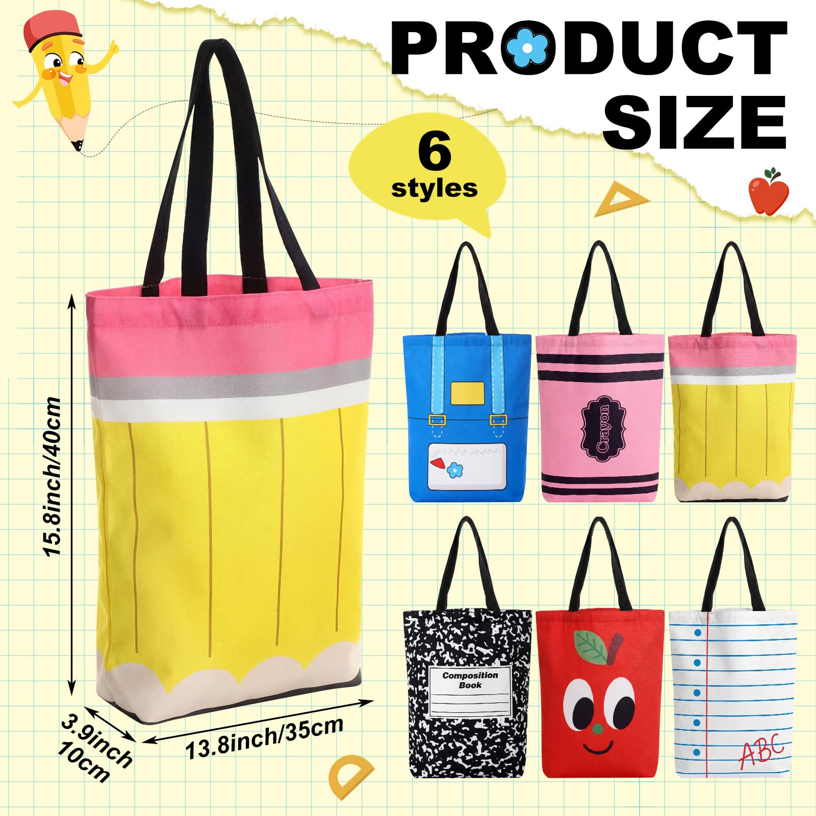Tallew 6 bolsas de lona reutilizables con asa para lápices, cuaderno de Apple, regalos de agradecimiento para profesores, regalos de agradecimiento para mujeres, suministros de regreso a la escuela