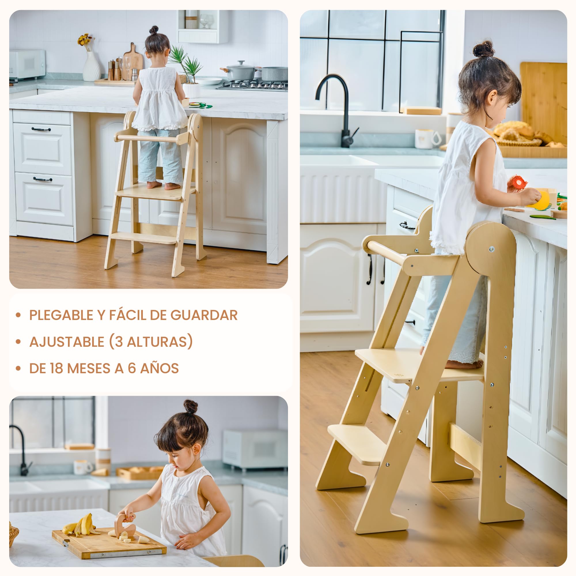 Torre de observación Montessori plegable compacta y ligera – Madera de abedul resistente a 80 kg – 3 alturas ajustables – Certificado CE y seguridad anti-Basculamento – Autonomía y movilidad – a