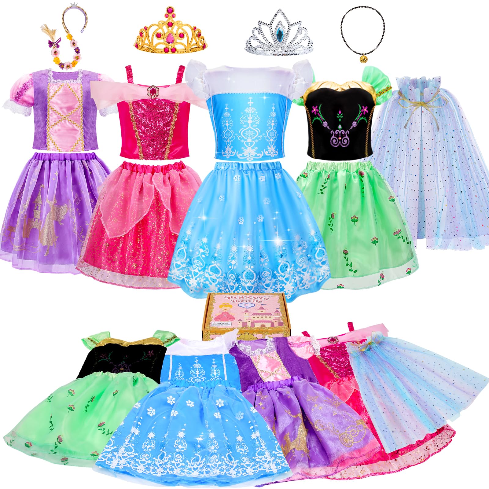 MELAND Princess Costumes for Girls, 4 Sets of Princess Dress up for Girls, Fancy Role Play Toys for 3 to 8 Year Old Girl Birthday Christmas Gifts