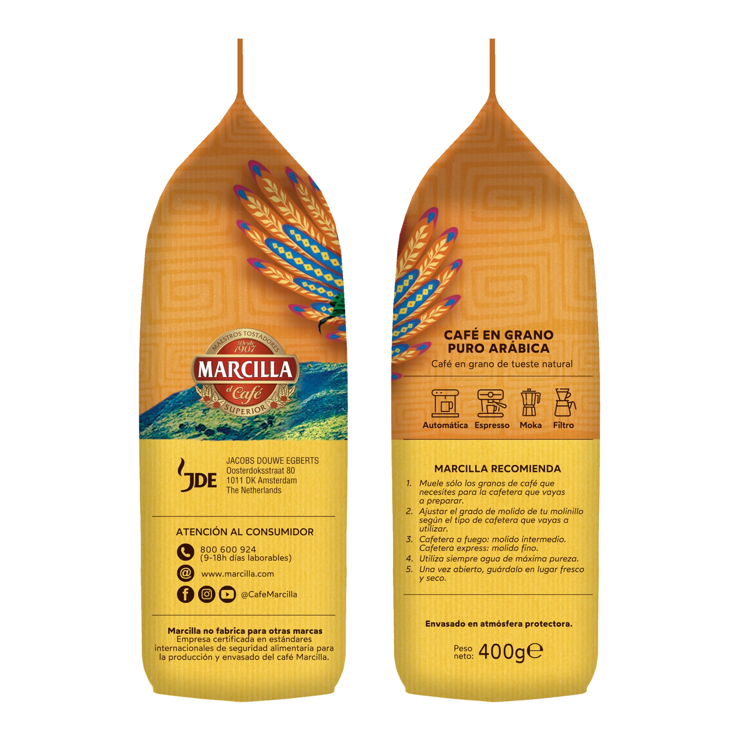 Marcilla Café Grano Puro Arábica Sudamérica Brasil & Colombia 400 g (Paquete de 2)