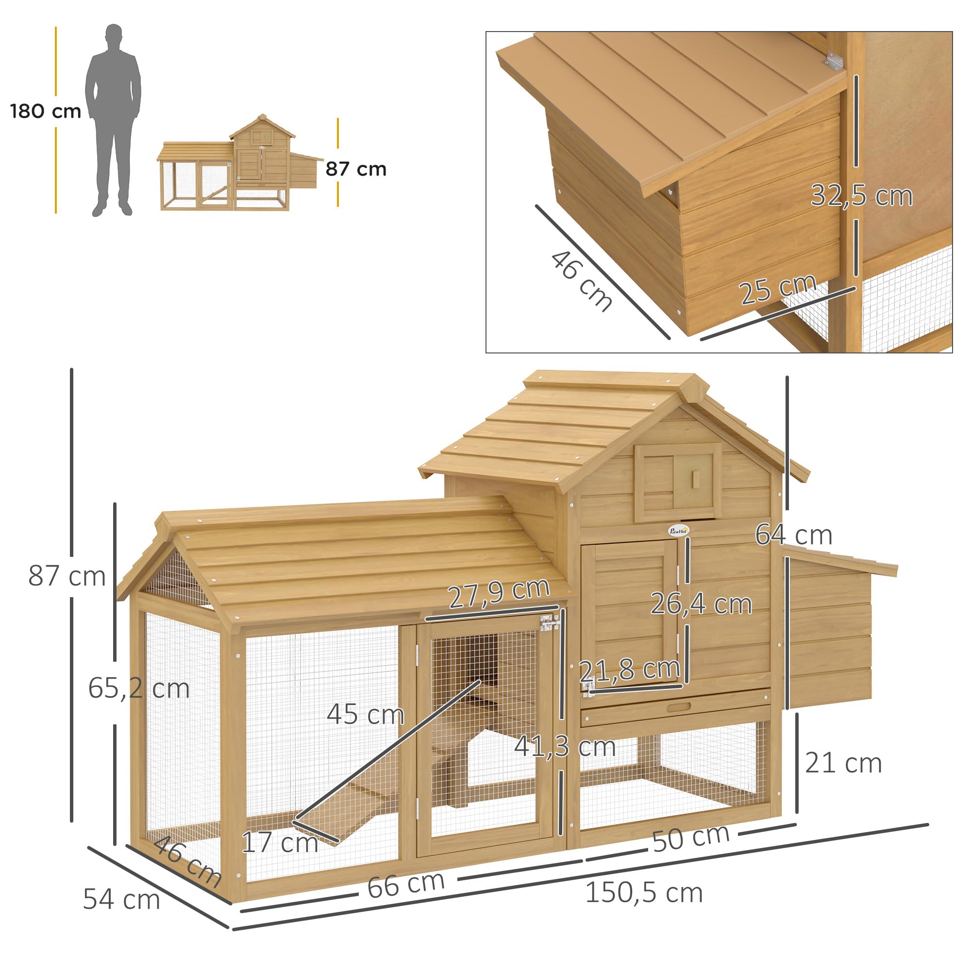 PawHut Gallinero de Madera para Exterior XXL con 2 Corrales, Caja Nido, Bandeja Extraíble 151,5x54x87 cm