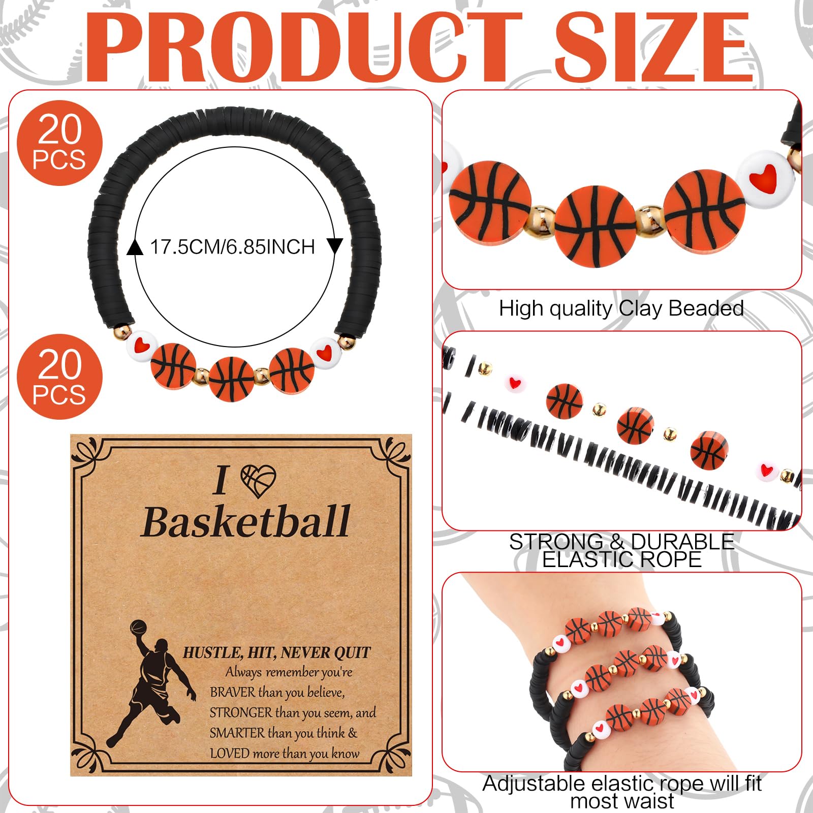 Ecation 20 Set Basketball Bracelets Basketball Gifts Sport Bracelets Team Gift Basketball Bead Bracelet with Inspirational Card for Sport Basketball Team Lovers Players Gifts(Black)