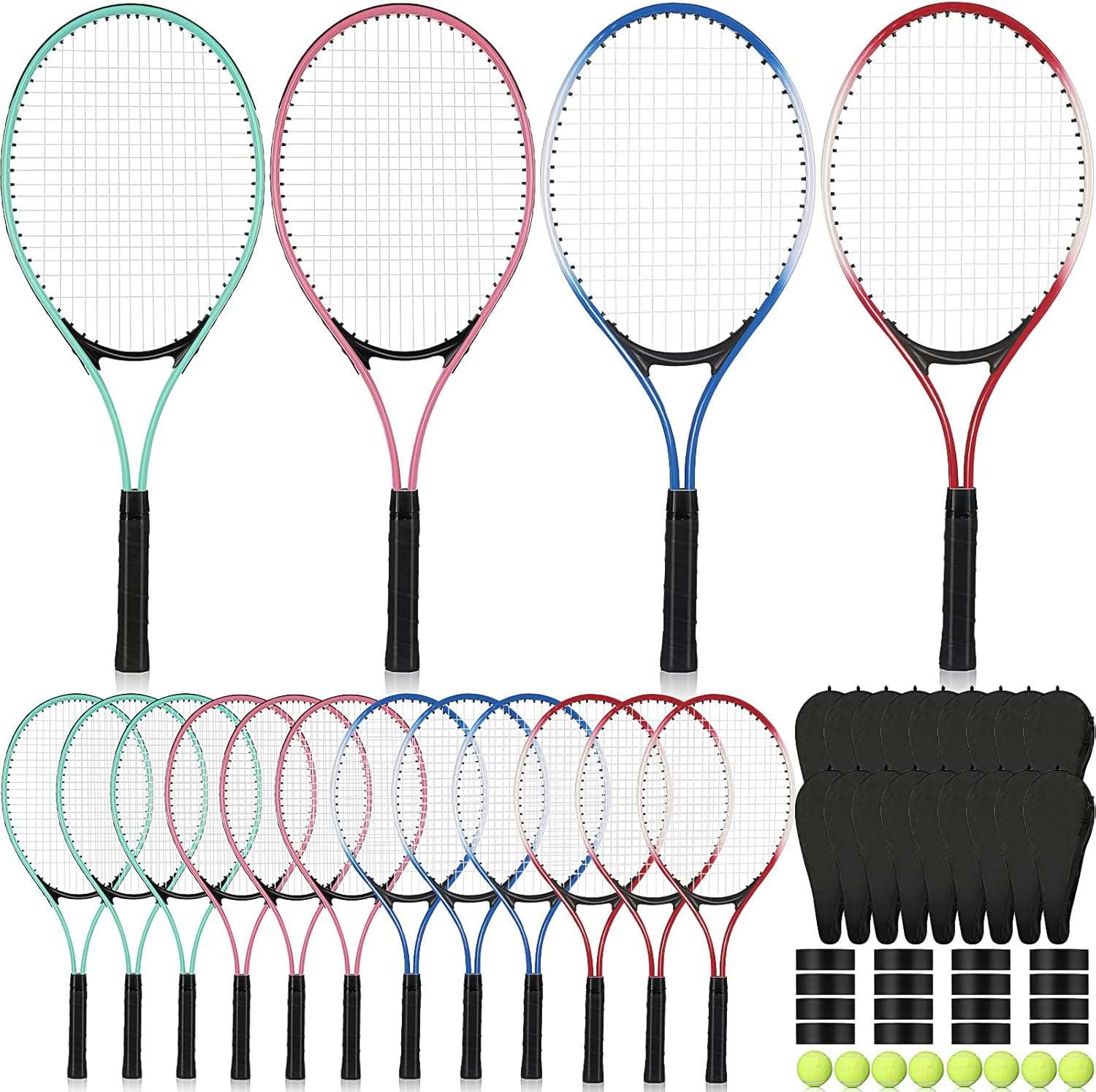 16 Pcs Tennis Rackets for Adult Recreational 8 Players 27" Tennis Racquet Bulk Lightweight Tennis Racket with 8 Tennis Balls for Training Beginners with Overgrips Carry Bag