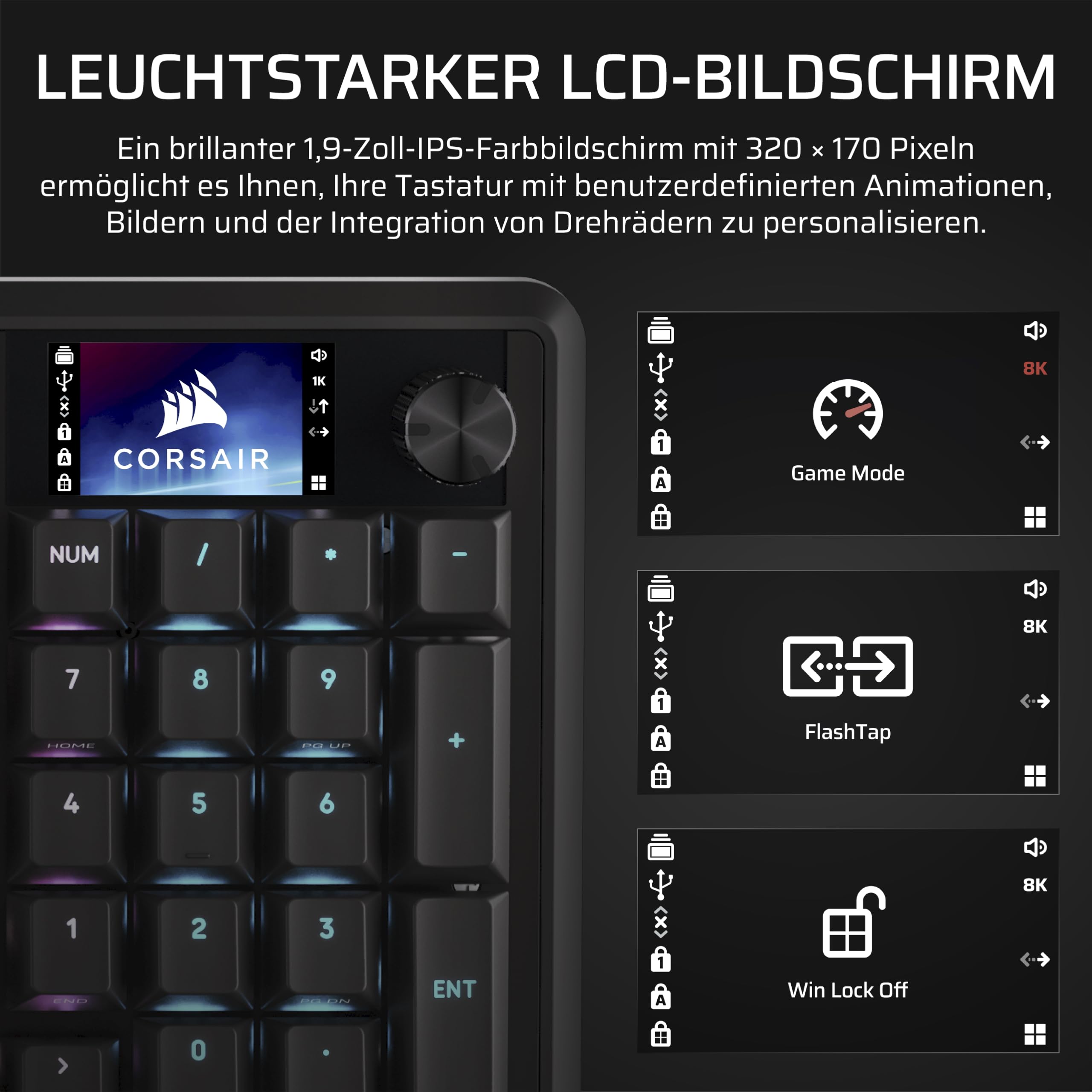 Corsair Vanguard 96 Kabelgebundene Mechanische Gaming-Tastatur – Schwarz | QWERTZ DE, 96% Layout, MLX Plasma-Linearschalter, 8000Hz-Polling, LCD-Display, Virtual Stream Deck, G-Tasten, SOCD Flashtap