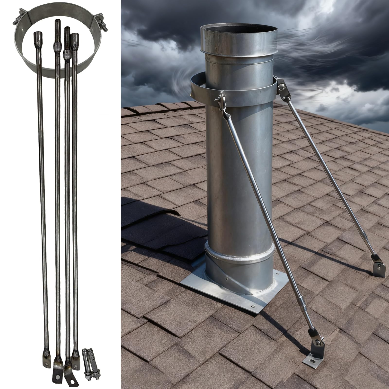 Kit de soporte estabilizador de techo de tubo de chimenea, abrazadera de tubo de combustión de acero inoxidable para instalación segura de bajante