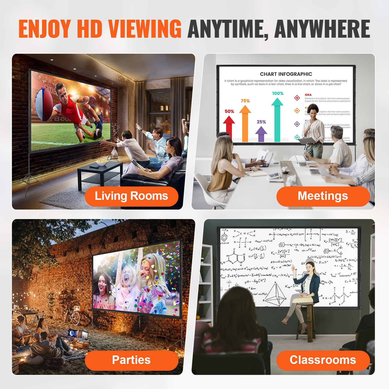 VEVOR Projektion Beamer Leinwand mit Ständer 150 Zoll HD 4K Outdoor Indoor Projektor Screen Schnelles Klappbare Tragbare Filmleinwand 16: 9 für Heimkino, Camping und Freizeitveranstaltungen Schwarz