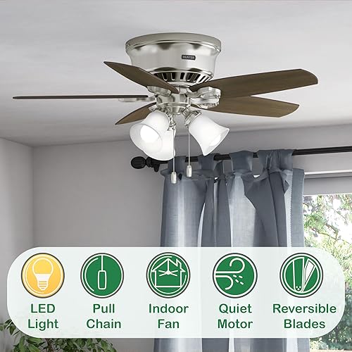 Miniatura 3 de Hunter Ventilador de techo tradicional de perfil bajo de 42 pulgadas en bronce nuevo, adaptador de tres luces con carcasa de vidrio blanco