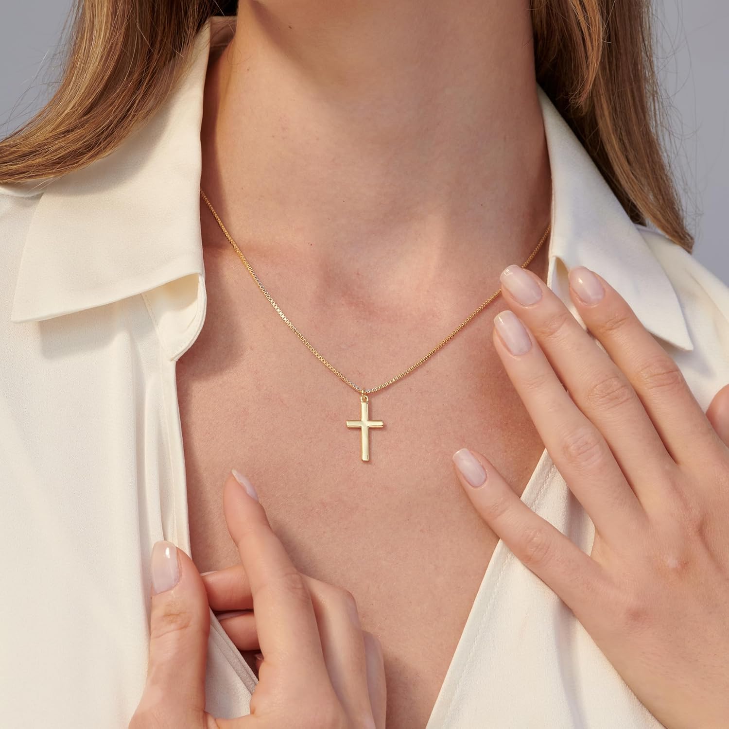 Cross Necklace, 14K Gold Plated Box Chain Cross Pendant Necklace Dainty Simple Silver Cross Tiny Necklace for Women - Image 2