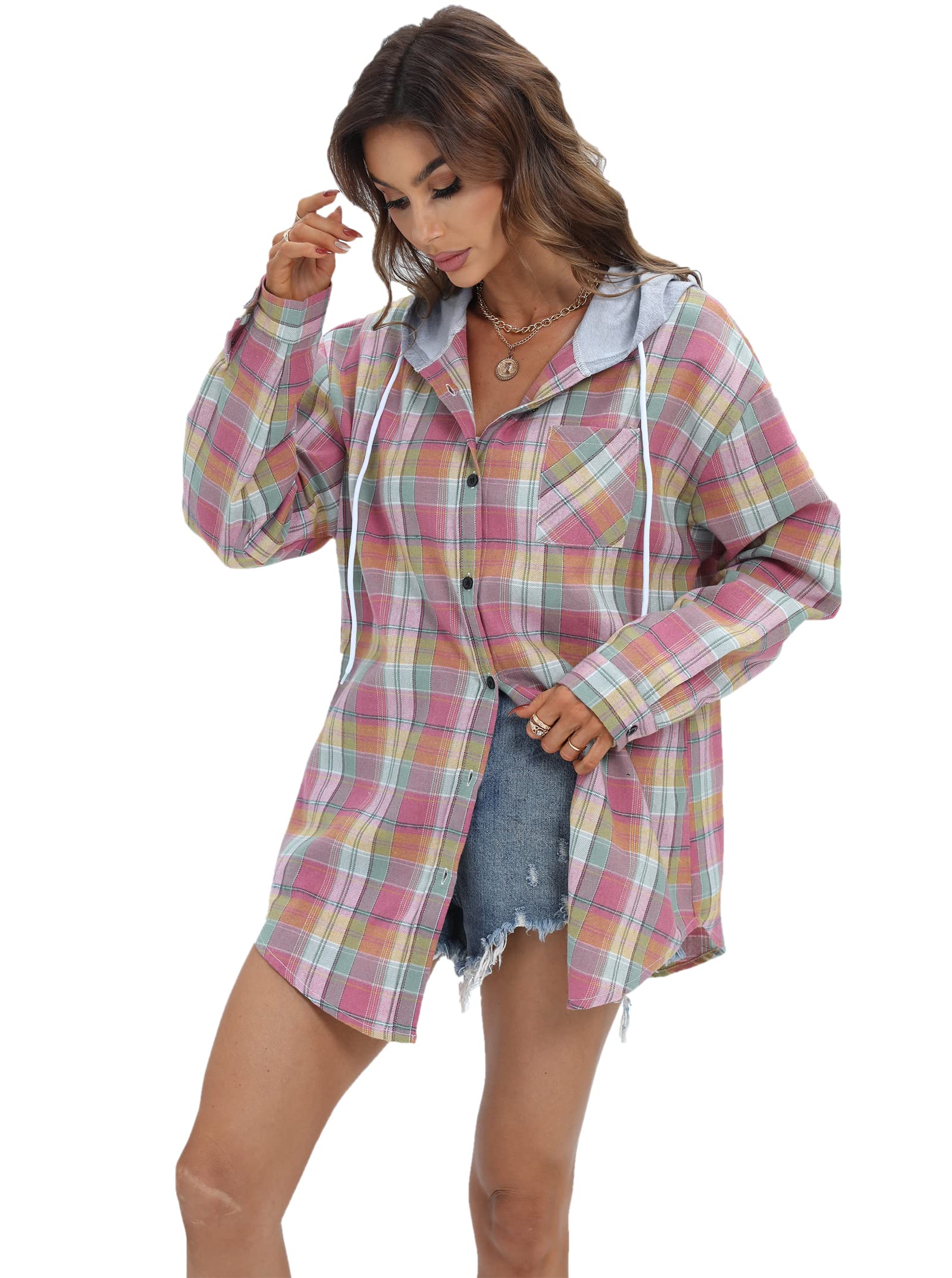 Camicie da donna oversize in flanella con cappuccio a maniche lunghe button down fidanzato a quadri