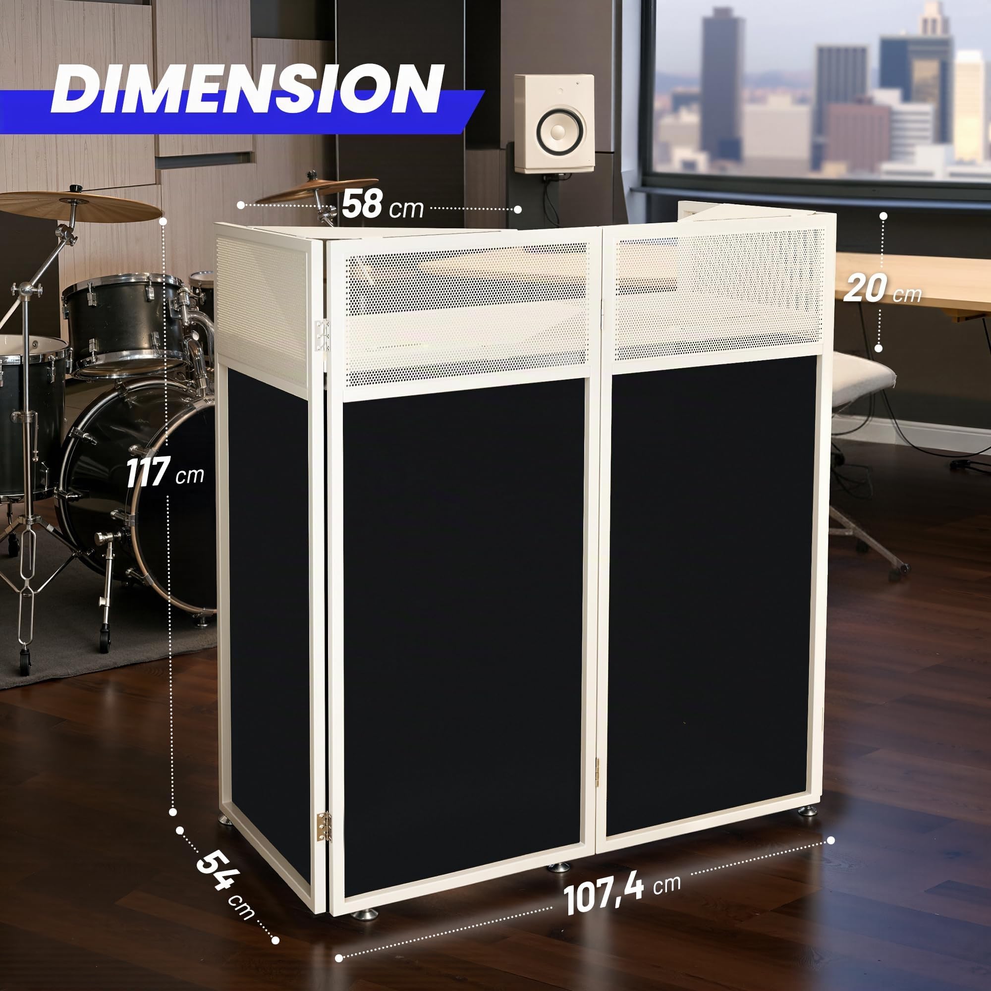 CAHAYA Table de DJ Mobile Pliable – DJ Booth Professionnel avec Panneaux en Tissu Noir et Blanc, Cadre en métal Solide, Gestion des câbles et Sac de Transport, Station de Travail DJ pour Manette et
