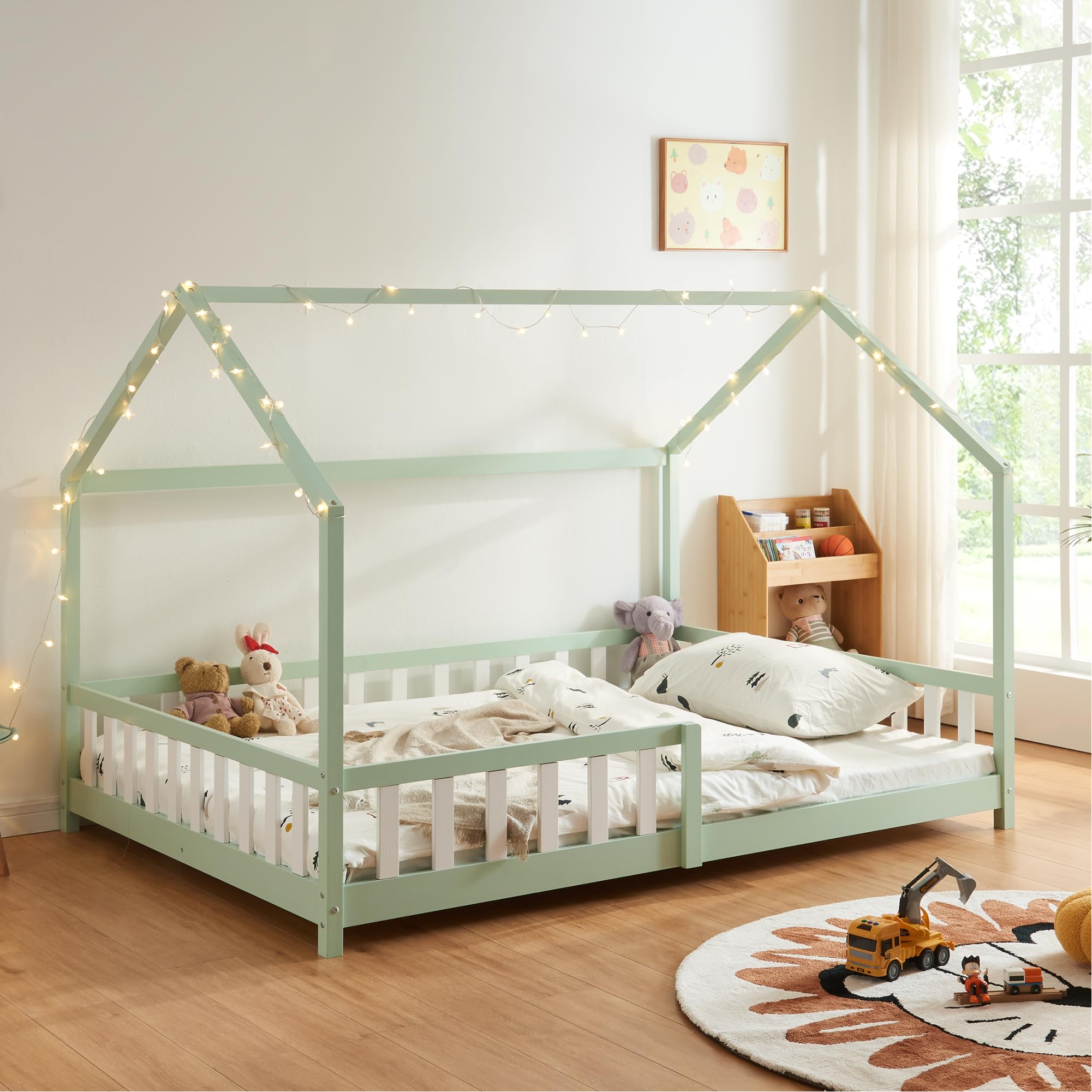 [en.​casa] Lit Cabane Lit Enfant en Forme de Maison avec Sommier à Lattes avec Grille de Protection Confortable Capacité de Charge 120 kg Bois de Pin Contreplaqué 120 x 200 cm Vert Menthe