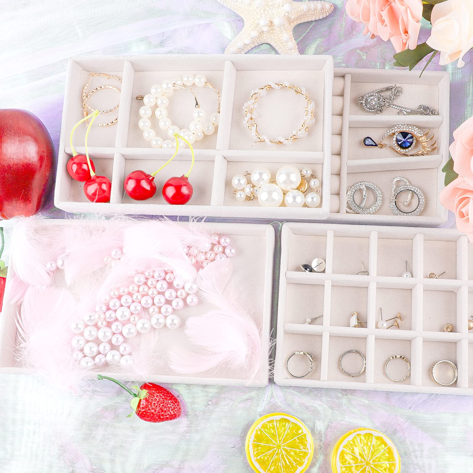 Set 4 Vassoi Organizer Per Gioielli In Velluto - Cassetti Impilabili Per Anelli, Orecchini E Collane, Colore Beige - Foto 3