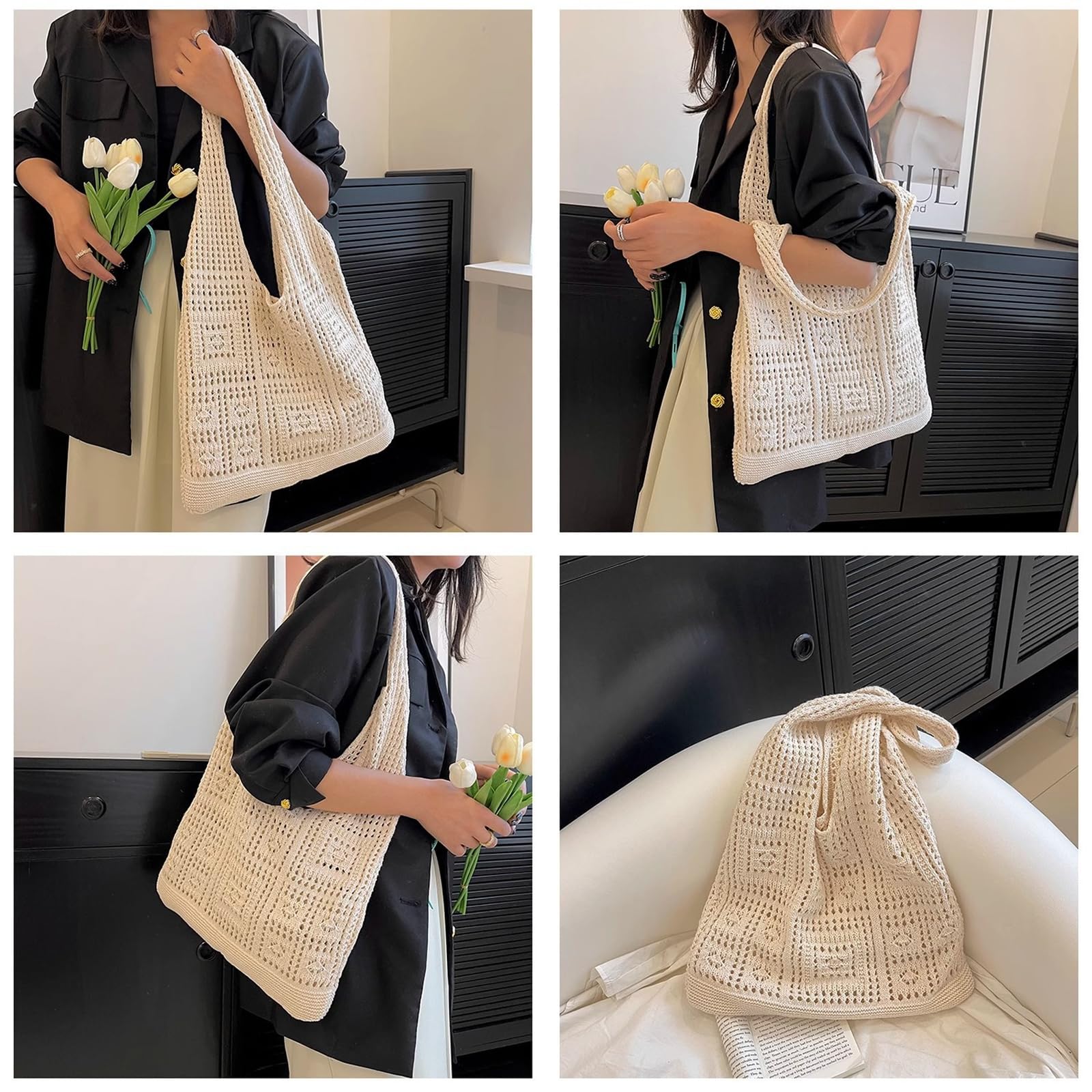 JSTHHTT Borsa a Tracolla Da Donna Lavorata A Maglia, Borsa Da Spiaggia, Borsa Tote in Rete Pieghevole, Casual Tote Large, Weave Handbag, per Lavoro, Viaggio, Vacanza