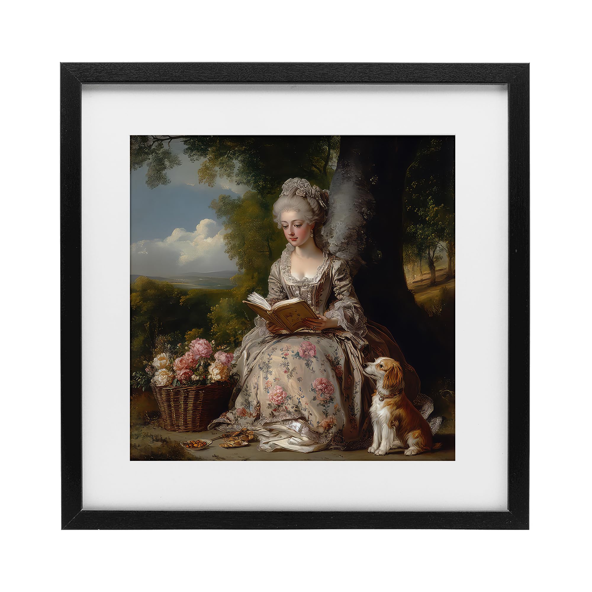 Stupell Industries Midnight Black (Textured) 'Rococo Lady With Dog'| Framed Print Under Glass