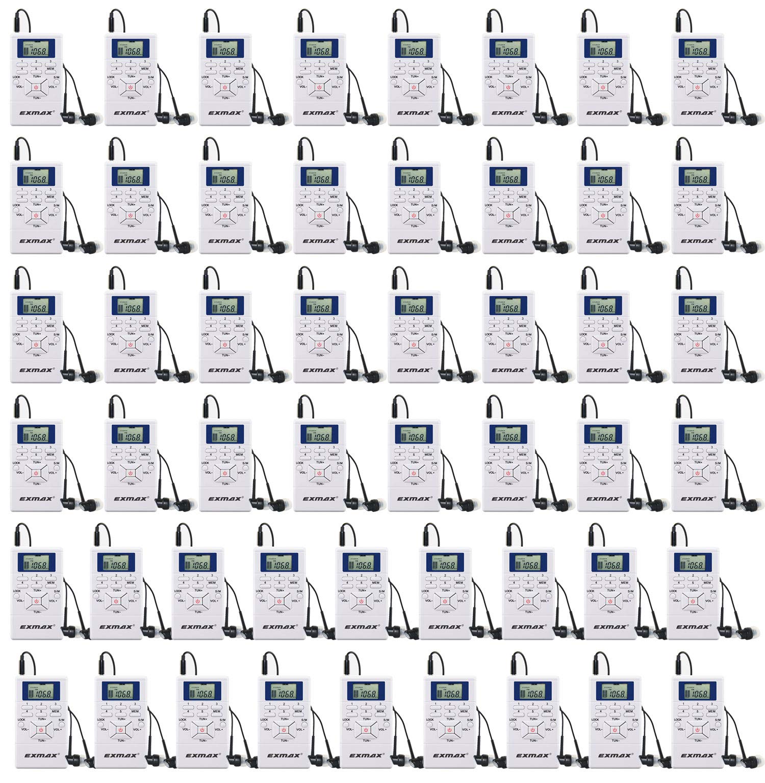 EXMAX E108 Wireless Portable Pocket DSP FM Stereo Radio Digital Receiver with Mini LCD Clock Earphone for Tour Guide System Teaching Meeting - 50 Pack (White)