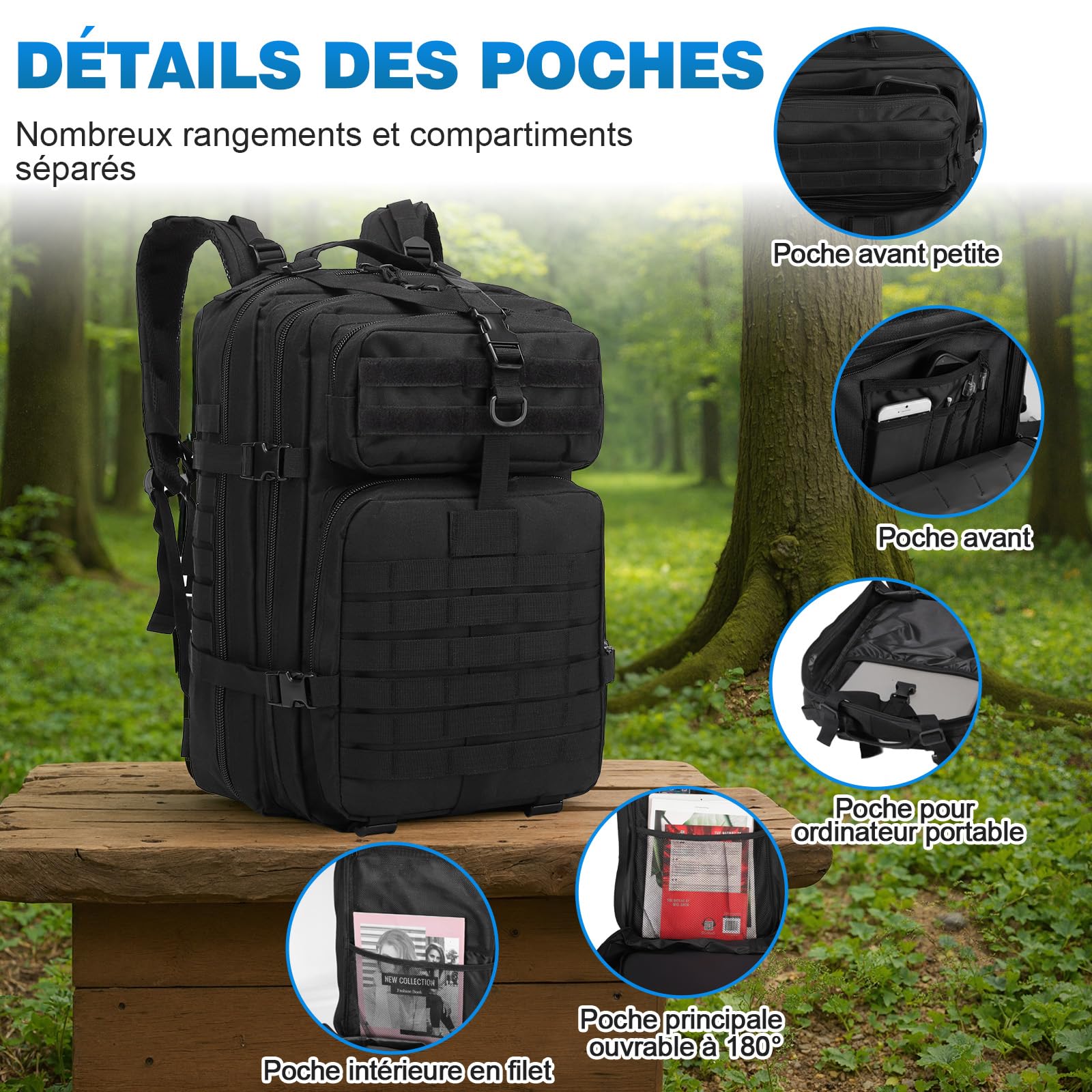 SHANNA Sac à Dos Militaire Tactique 45L de Grand Volume, Sac Multifonction Armée Molle Assaut Pack, Backpack Crossfit Randonnée pour Voyage Trekking Randonnée Camping École Pêche Alpinisme