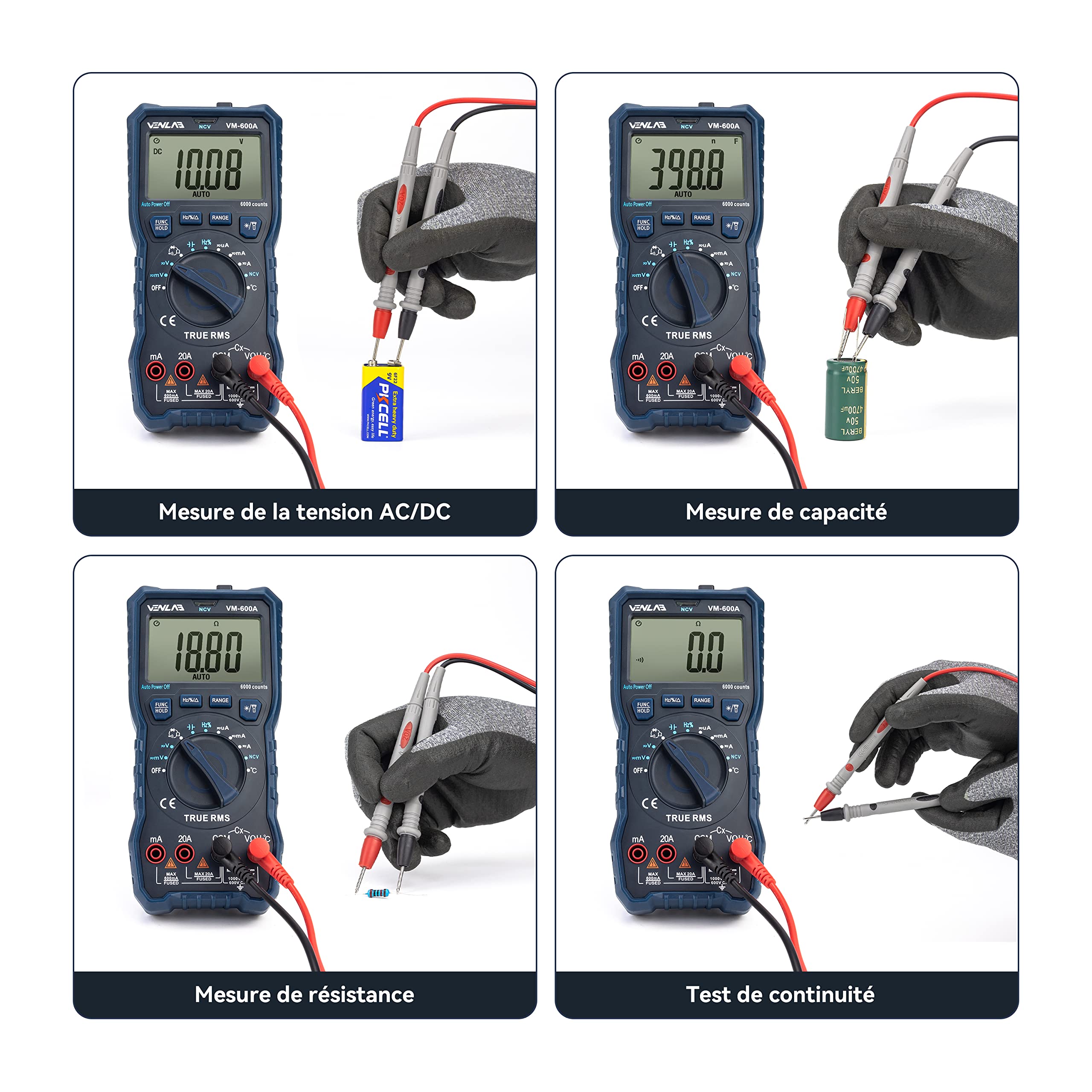 Multimètre Numérique TRMS 6000 Comptes, Multimètre Automatique VENLAB, Voltmètre, Testeur Electrique, Mesure Tension Courant CA/CC Résistance Diodes Continuité Capacité Température