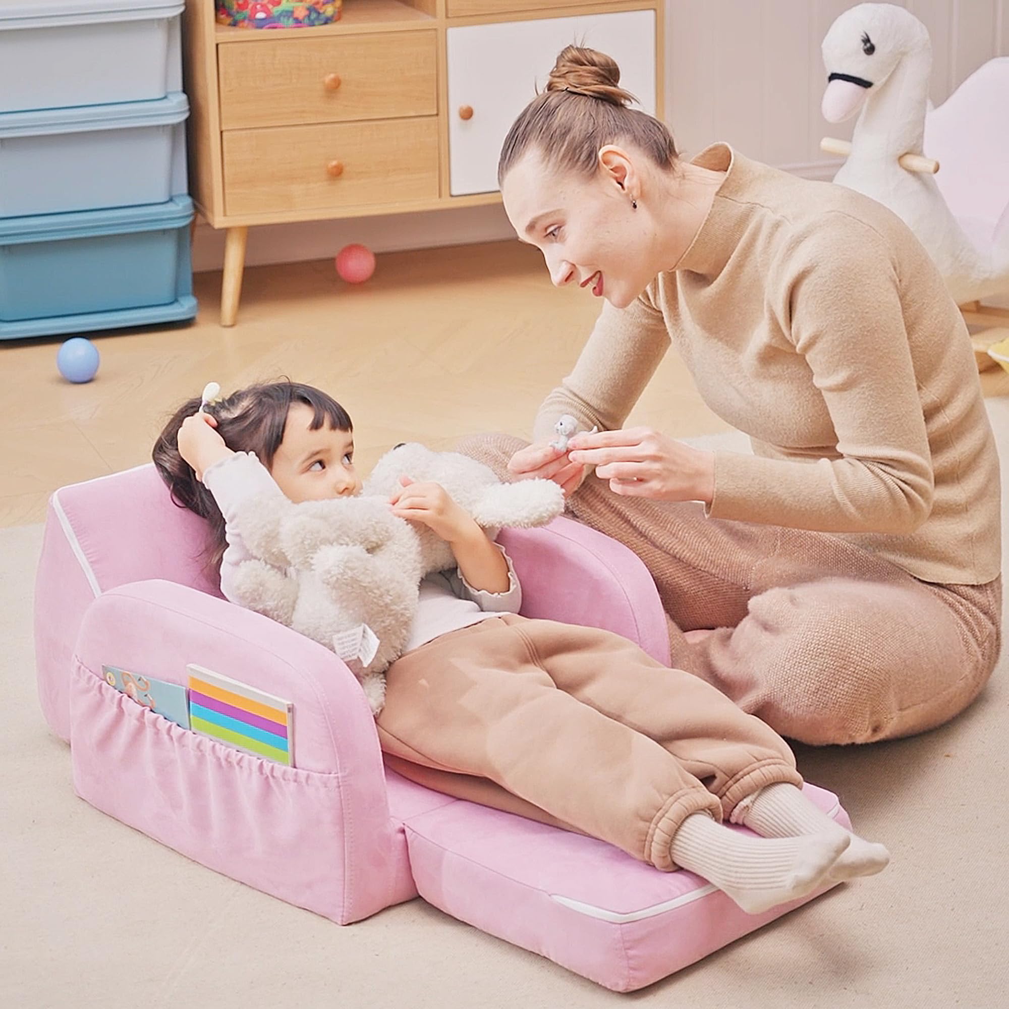 HOMCOM 2 w 1 dzieci sofa krzesło łóżko składana kanapa miękka flanelowa pianka dla malucha do pokoju zabaw sypialni salonu różowy